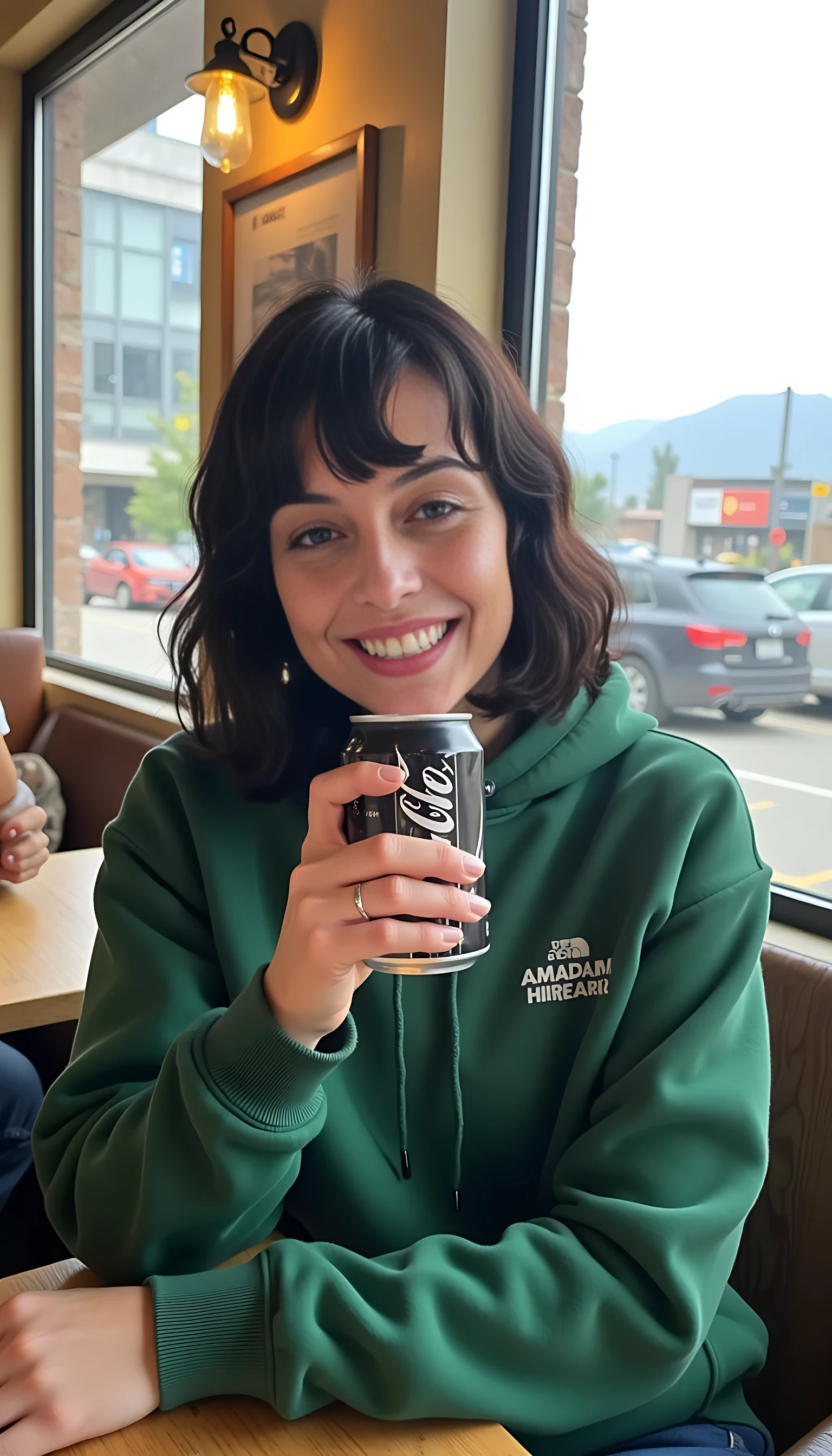 iphone portrait of CSTMDL woman younger Bob length hair hair makeup bangs cute smile brown eyes and sitting in cafe holding phone in busy restaurant coke wearing solid green hoodie and shorts mountains background 