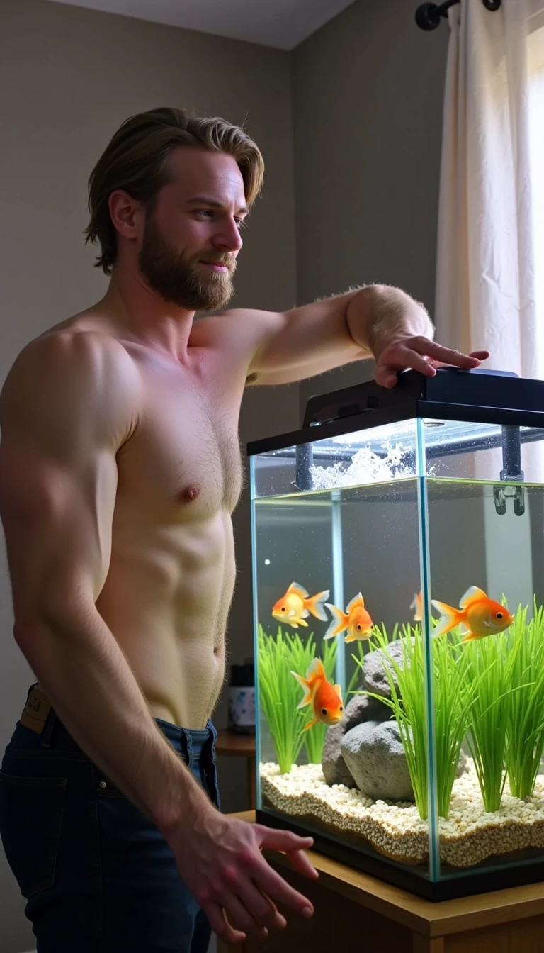 Samuel is feeding his pet 15 goldfish in their beautiful aquarium. 
He is giving them popcorn to eat which is floating at the top of the tank

The goldfish eat the popcorn floating in the tank

Sam is shirtless and huge smiling

