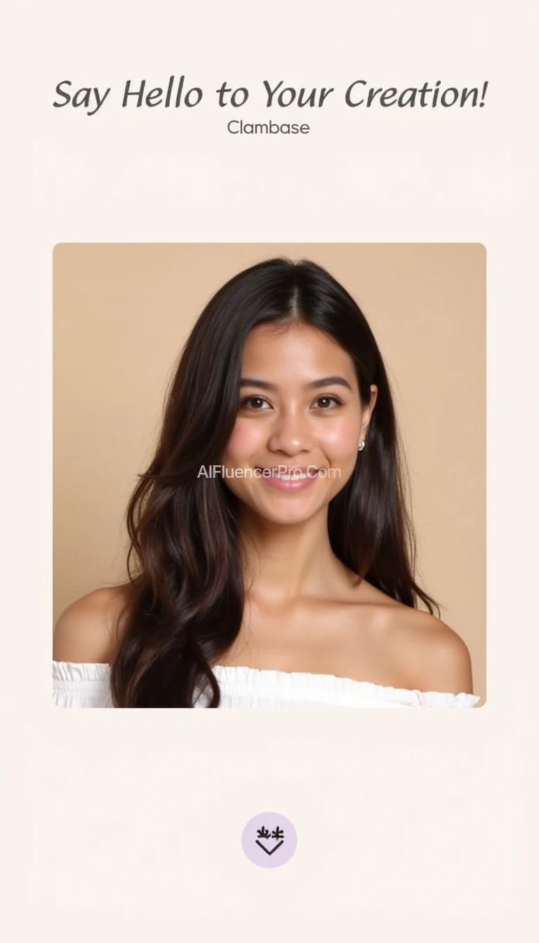A screenshot of the Glambase app's "Say Hello to Your Creation!" prompt, featuring a young woman with long, wavy dark hair, wearing a white off-shoulder top, against a beige background.