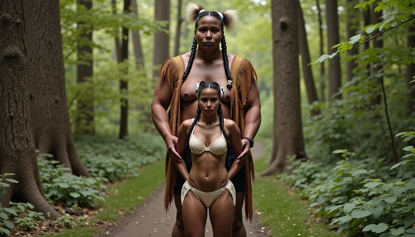 photo of woman CSTMDL, a medium shot photo of, a slim woman, her full body is in the scene, she has a slender petite build with petite small boobs and a flat chest, she has small dark skin nipples with long pointy nipple ducts and small dark skinned areolas, her hair is styled with two long braids she has eagle plumes in her hair, she is not wearing earrings, she is wearing daisy duke denim booty shorts, she is wearing a native American style vest in a golden yellow color over top of her underwear, she is holding her vest open exposing her strapless bra, her bra is a strapless white lace bra, she is wearing white lace panties, she is wearing ankle height smoked hide moccasins, natural lighting, natural light, amateur photography, shot on an iPhone, she is standing with her legs spread wide apart in a densely wooded forest, she is maintaining intense eye contact with the camera, there is a giant native American fat man twice her height standing up directly behind her holding onto the woman's waist, the man is holding her up suspended in the air in front of him, the man is a real giant, public setting, Hyper realism, ultra-sharp focus, highly detailed, natural lighting, natural light, amateur photography,