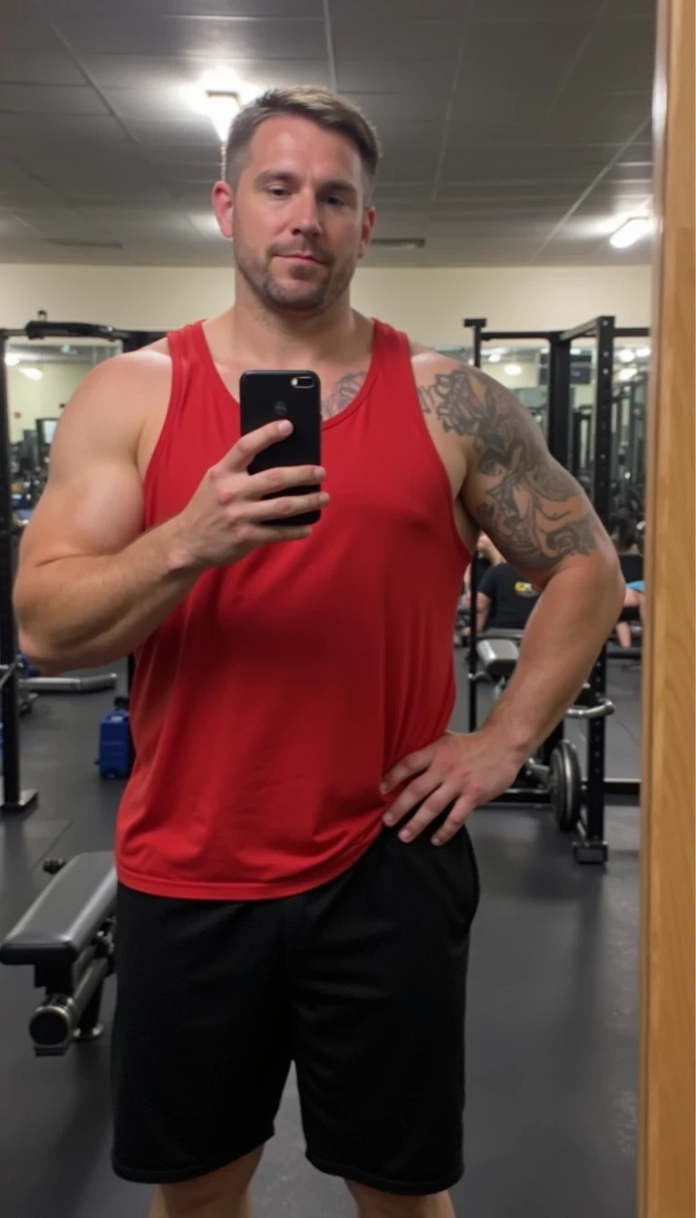iphone 16 mirror selfie of man in his mid 30s CSTMDL, he weighs over 400lbs and is incredibly muscular. He looks like he could win a body building competition. he is at the gym. he is wearing black gym shorts and a red performance tanktop no shirt. he has no tattoos
