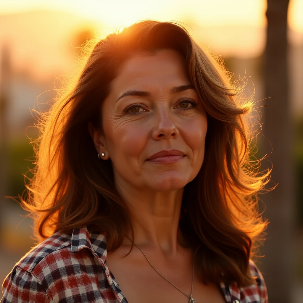 score_9, photorealistic portrait of a mature woman with fuller chubby face, chestnut brown hair glowing in golden hour sunlight, warm tones, outdoor background, cinematic light