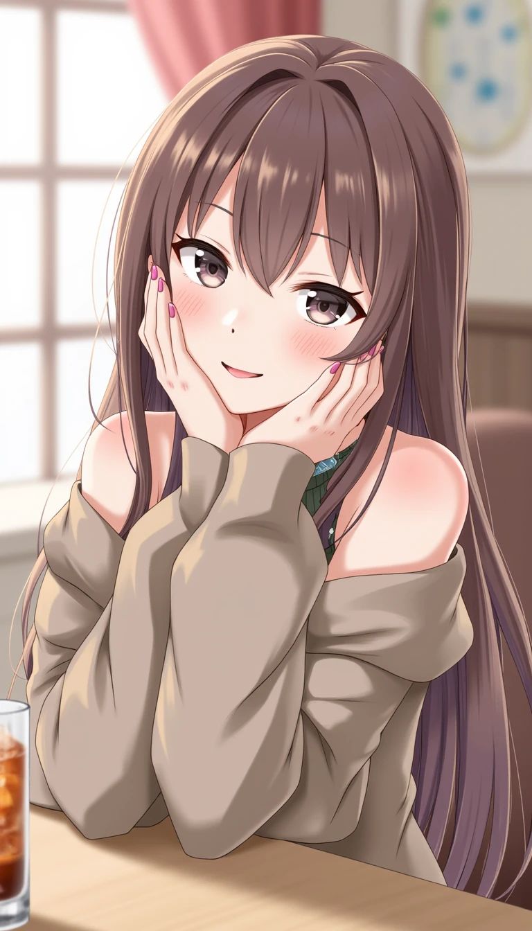 1girl, solo, long hair, looking at viewer, smile, brown hair, long sleeves, brown eyes, bare shoulders, sitting, closed mouth, upper body, day, sleeveless, indoors, water, hand up, off shoulder, lips, cup, fingernails, coat, grey eyes, window, eyelashes, makeup, arm support, lipstick, curtains, hand on own face, drinking glass, eyeshadow, ice, head rest, pink lips, nose, brown jacket, drink, photo (medium), hand on own cheek, glass, red lips, brown sweater, brown coat, armpit crease, mascara