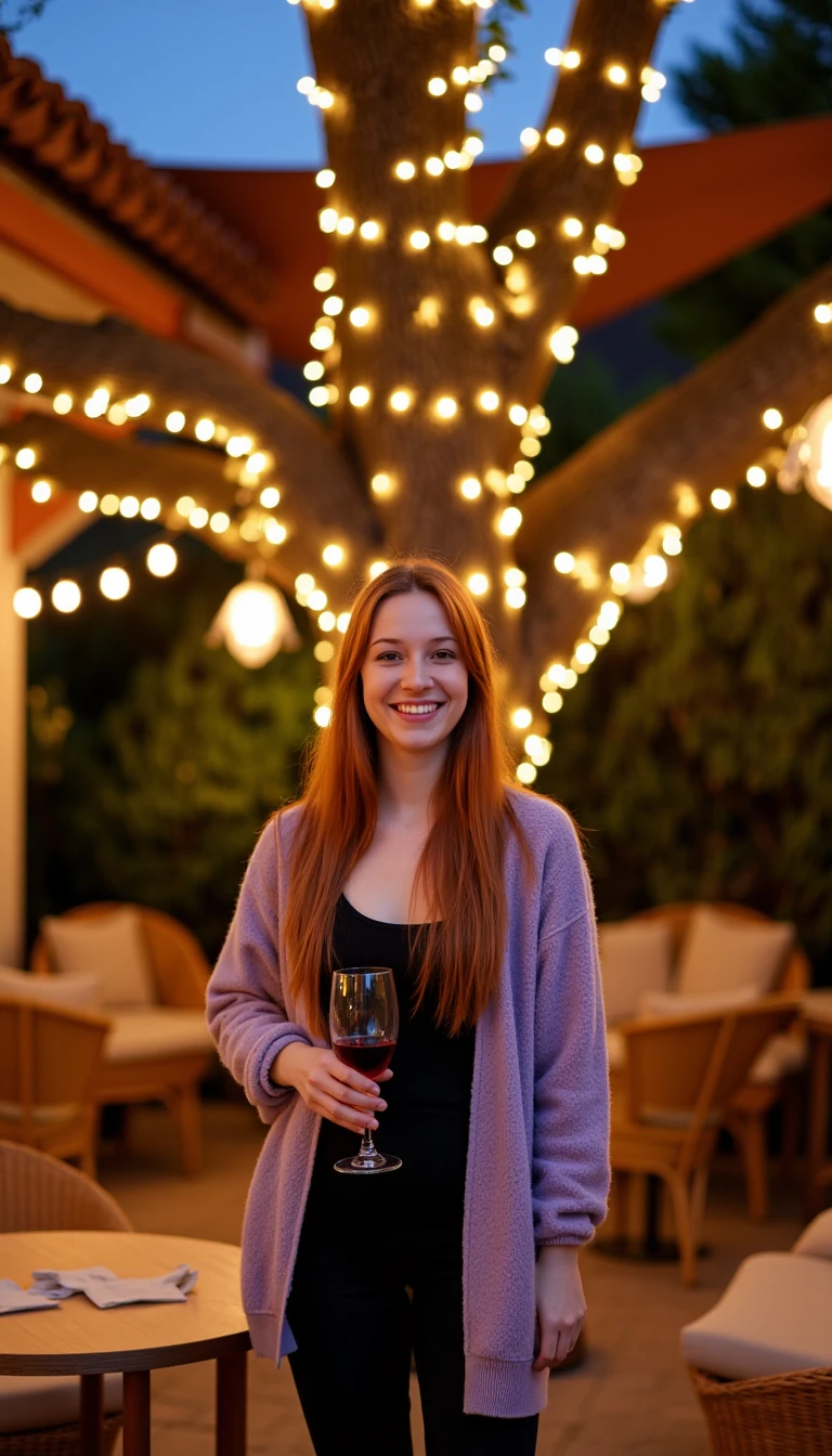 A full body shot photo of a woman standing outdoors at a cozy, warmly lit patio in the evening, with soft, glowing lights wrapped around a tree behind them creating a charming atmosphere. The image is rich in detail, with warm tones and clear textures throughout. The woman has fair skin, a slim build, and long reddish-blonde hair, also worn loose. She is smiling warmly at the camera, holding a glass of red wine in her right hand, and wears a soft-textured lavender cardigan over a black top. The background features a large tree with sparkling string lights wrapped around its trunk and branches, adding a magical touch to the scene. The setting suggests a private outdoor seating area, with elements like terracotta-tiled roofing, greenery, and rattan chairs contributing to a serene, inviting vibe. The overall composition is balanced, with the woman framed against the softly glowing tree, and the lighting enhances the warm, intimate feel of a quiet evening shared among friends. The details are vivid, with textures of clothing, skin, and background elements clearly visible, while the warm lighting creates a relaxed and joyful mood