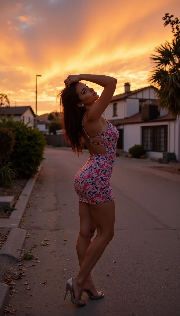 photo of woman CSTMDL, Dress and heels at sunset