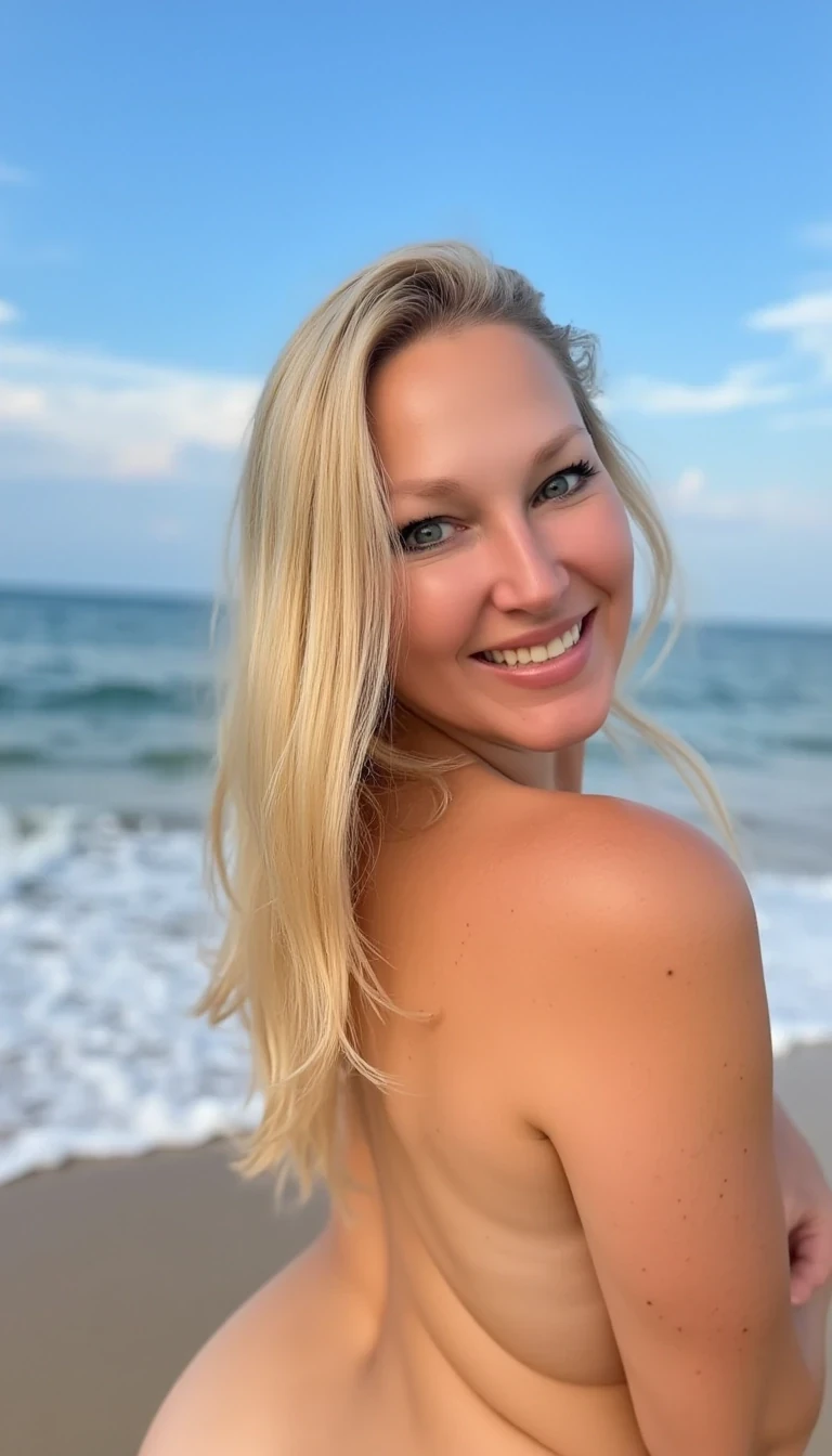 blonde 48 year old woman CTSMDL, she stands at the beach, blue sky, smiles happily and enjoys the sun, is naked and her teint is slightly tanned. 