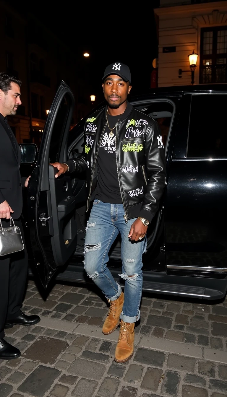 Ultra-realistic photo of cstmdl stepping out of a luxury black SUV at night in Paris, wearing a designer graffiti-style leather jacket with neon accents, rolled-up raw denim jeans, tan suede boots, and a New York Yankees cap. Paparazzi-style flash lighting creates dramatic shadows on the cobblestone street. A mysterious man stands behind him, dressed in all black with a silver handbag. Moody city street lights in the background, luxury nightlife vibes. Captured with a Sony A7R V + 85mm f/1.2 GM lens, ultra-sharp detail, soft depth of field, natural skin texture, vibrant fashion highlights, low-light night scene, editorial style photography.