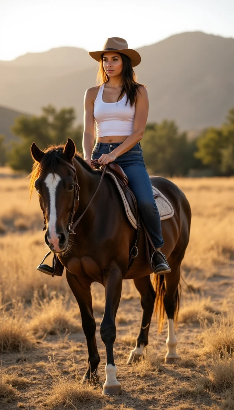 IMG_1589.HEIC  
CSTMDL woman horseback riding at golden hour on a bold dark-bay horse with a white blaze, in a dry grassy field with soft foothills in the background (Denver vibe). Friend-taken, candid iPhone-style portrait: camera ~6–8 feet back, 3/4 frontal view showing her from head to mid-thigh plus the horse’s head and shoulders. 

--no studio lighting, no airbrushed/plastic skin, no warped tack, no deformed horse anatomy, no extra limbs/fingers, no text/watermark  
