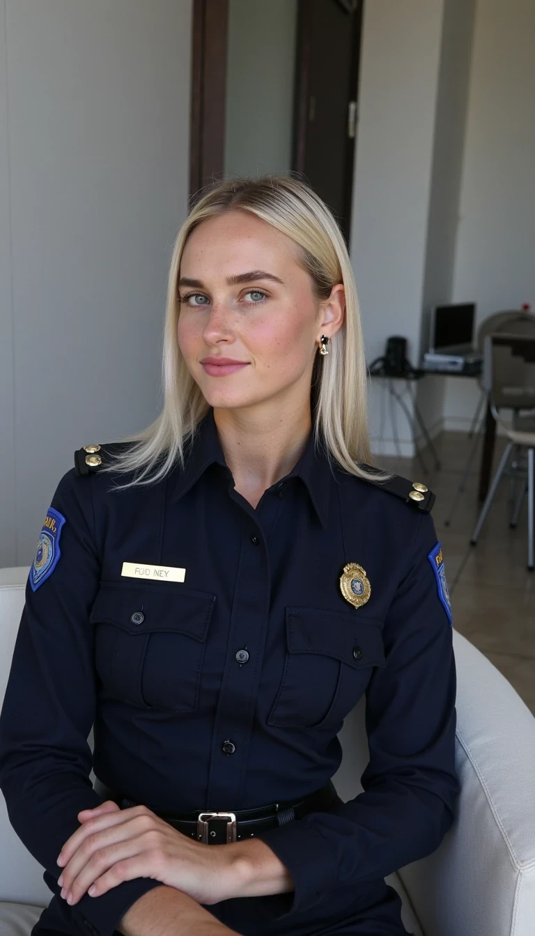 photo of woman CSTMDL, A 20-year-old blonde woman dressed in a stylish police uniform, sitting confidently in a modern, well-lit environment. Her platinum blonde hair is straight and neatly styled, complementing her fair skin with delicate freckles on her nose and cheeks. She has striking blue eyes and a composed, professional expression with a hint of a confident smile. She wears a fitted navy-blue police uniform with a badge, belt, and matching hat, conveying both authority and elegance. The background is minimalistic and neutral, ensuring the focus remains on her poised and commanding presence.