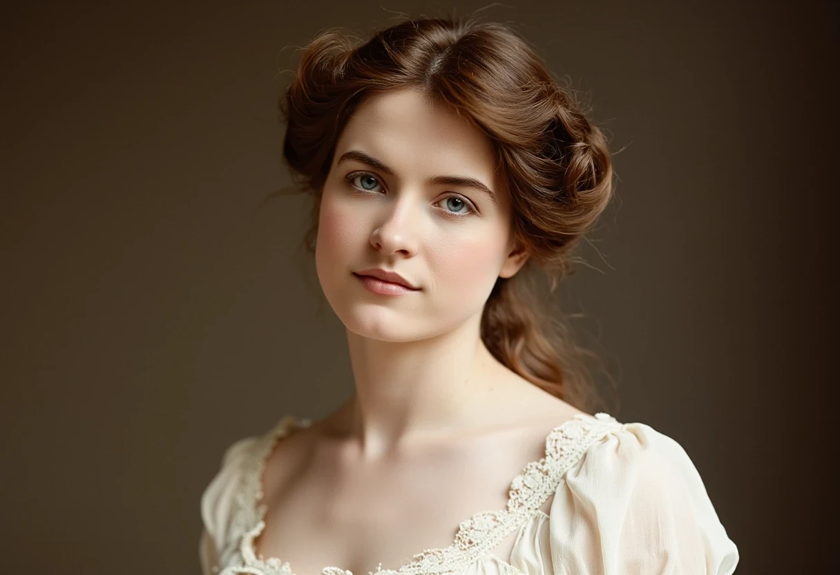 woman CSTMDL, brunette, blue eyes, cold smile, 1900 white clothes, tied hair, big breast
