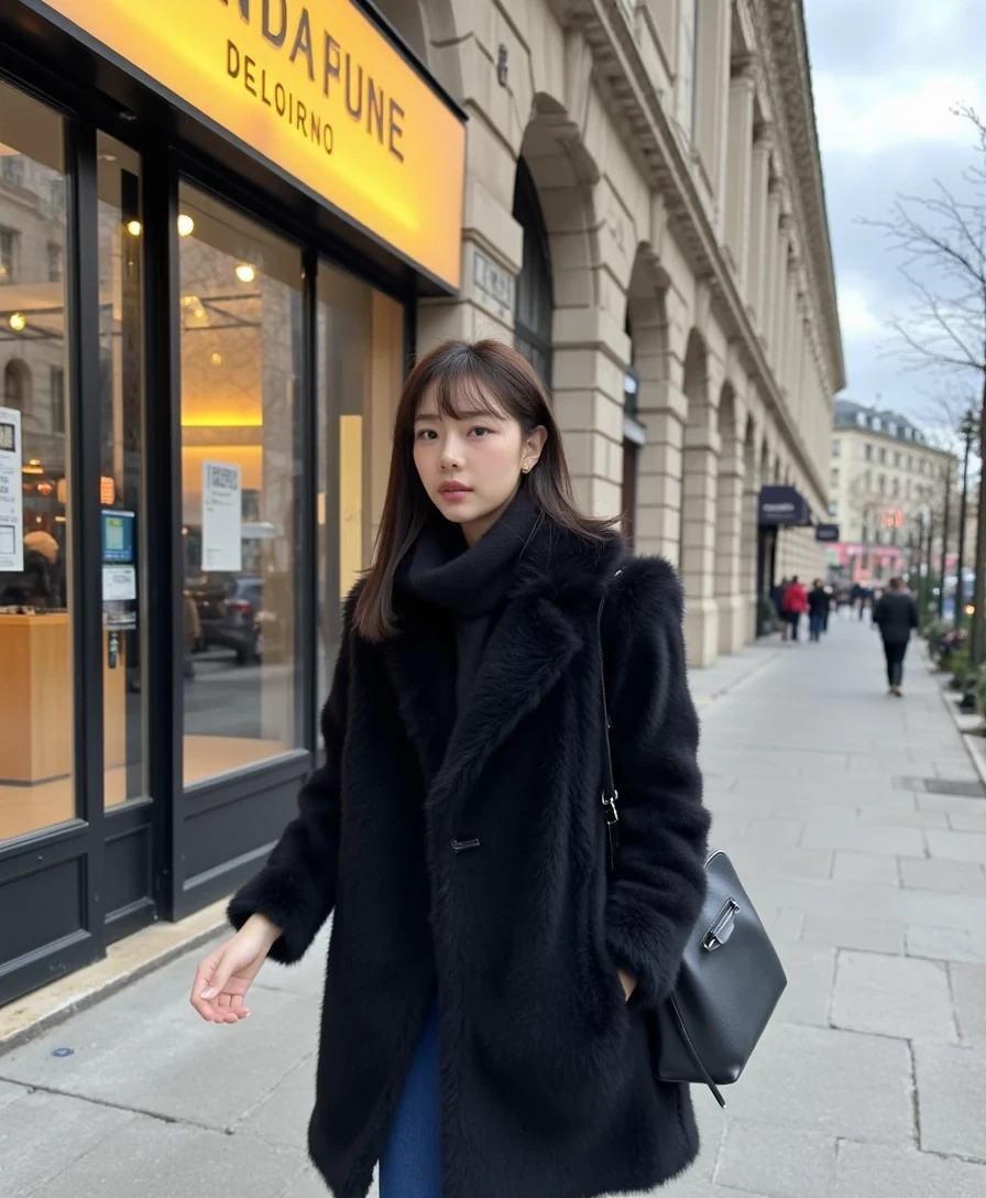boring, medium shot on an iphone 16 pro. A young Korean woman walking down Avenue Montaigne in Paris, dressed warmly yet stylishly. cloudy weather, overcast cold weather. She wears a luxurious black coat, perhaps made of wool or cashmere, paired with a chic scarf and black gloves. Parisian architecture reflect the glamour of the scene. medium shot on an iphone 16 pro. cloudy weather, overcast cold weather. she look at the camera, she is sexy 
