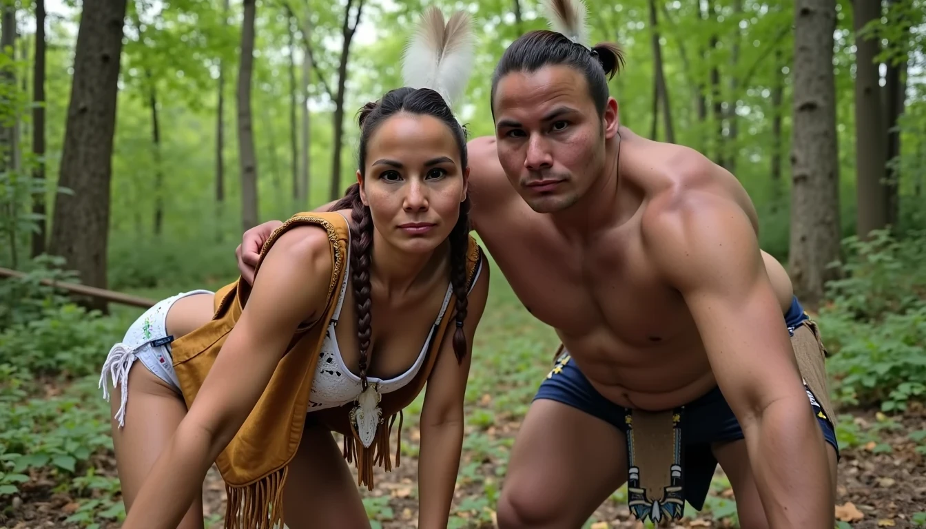 photo of woman CSTMDL, a selfie photo of, a slim woman, her full body is in the scene, she has a slender petite build with petite small boobs and a flat chest, she has small dark skin nipples with long pointy nipple ducts and small dark skinned areolas, her hair is styled with two long braids she has eagle plumes in her hair, she is not wearing earrings, she is wearing daisy duke denim booty shorts, she is wearing a native American style vest in a golden yellow color over top of her underwear, she is holding her vest open exposing her strapless bra, her bra is a strapless white lace bra, she is wearing white lace panties, she is wearing ankle height smoked hide moccasins, natural lighting, natural light, amateur photography, shot on an iPhone, she is bent over on all fours on the ground with her legs spread wide apart in a densely wooded forest in front of a fat giant native American man, she is maintaining intense eye contact with the camera, a fat giant native American man is directly beside her holding onto her booty, public setting, Hyper realism, 16k, uhd, ultra-sharp focus, perfect meshes and textures, highly detailed, highly accurate reflections, natural lighting, natural light, amateur photography,