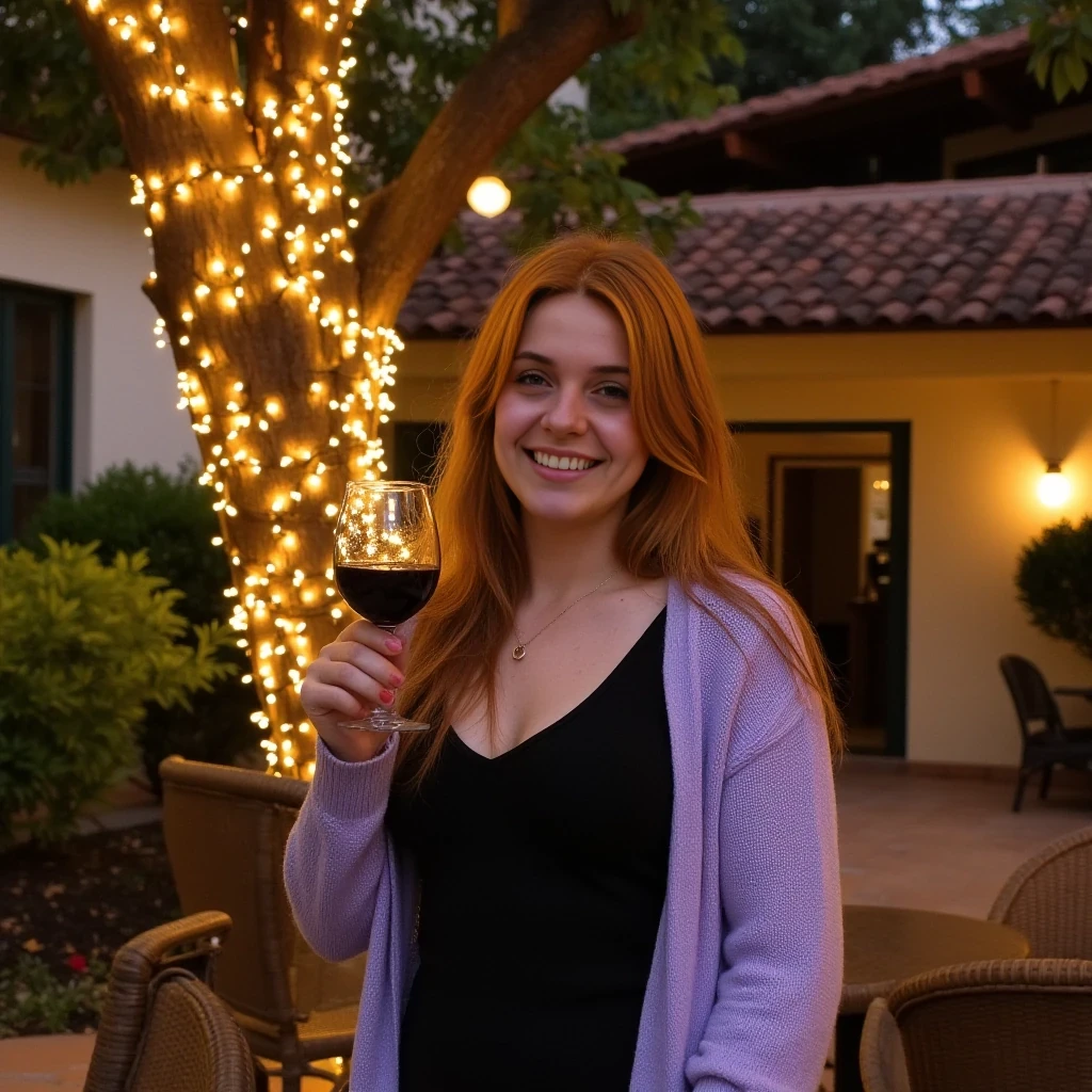 A full body shot photo of a woman standing outdoors at a cozy, warmly lit patio in the evening, with soft, glowing lights wrapped around a tree behind them creating a charming atmosphere. The image is rich in detail, with warm tones and clear textures throughout. The woman has fair skin, a slim build, and long reddish-blonde hair, also worn loose. She is smiling warmly at the camera, holding a glass of red wine in her right hand, and wears a soft-textured lavender cardigan over a black top. The background features a large tree with sparkling string lights wrapped around its trunk and branches, adding a magical touch to the scene. The setting suggests a private outdoor seating area, with elements like terracotta-tiled roofing, greenery, and rattan chairs contributing to a serene, inviting vibe. The overall composition is balanced, with the woman framed against the softly glowing tree, and the lighting enhances the warm, intimate feel of a quiet evening shared among friends. The details are vivid, with textures of clothing, skin, and background elements clearly visible, while the warm lighting creates a relaxed and joyful mood