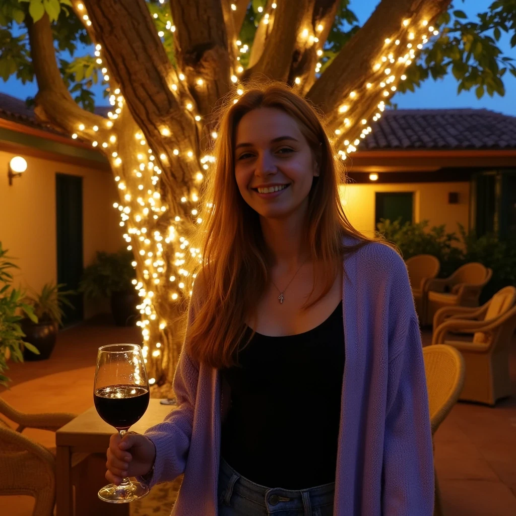 A full body shot photo of a woman standing outdoors at a cozy, warmly lit patio in the evening, with soft, glowing lights wrapped around a tree behind them creating a charming atmosphere. The image is rich in detail, with warm tones and clear textures throughout. The woman has fair skin, a slim build, and long reddish-blonde hair, also worn loose. She is smiling warmly at the camera, holding a glass of red wine in her right hand, and wears a soft-textured lavender cardigan over a black top. The background features a large tree with sparkling string lights wrapped around its trunk and branches, adding a magical touch to the scene. The setting suggests a private outdoor seating area, with elements like terracotta-tiled roofing, greenery, and rattan chairs contributing to a serene, inviting vibe. The overall composition is balanced, with the woman framed against the softly glowing tree, and the lighting enhances the warm, intimate feel of a quiet evening shared among friends. The details are vivid, with textures of clothing, skin, and background elements clearly visible, while the warm lighting creates a relaxed and joyful mood