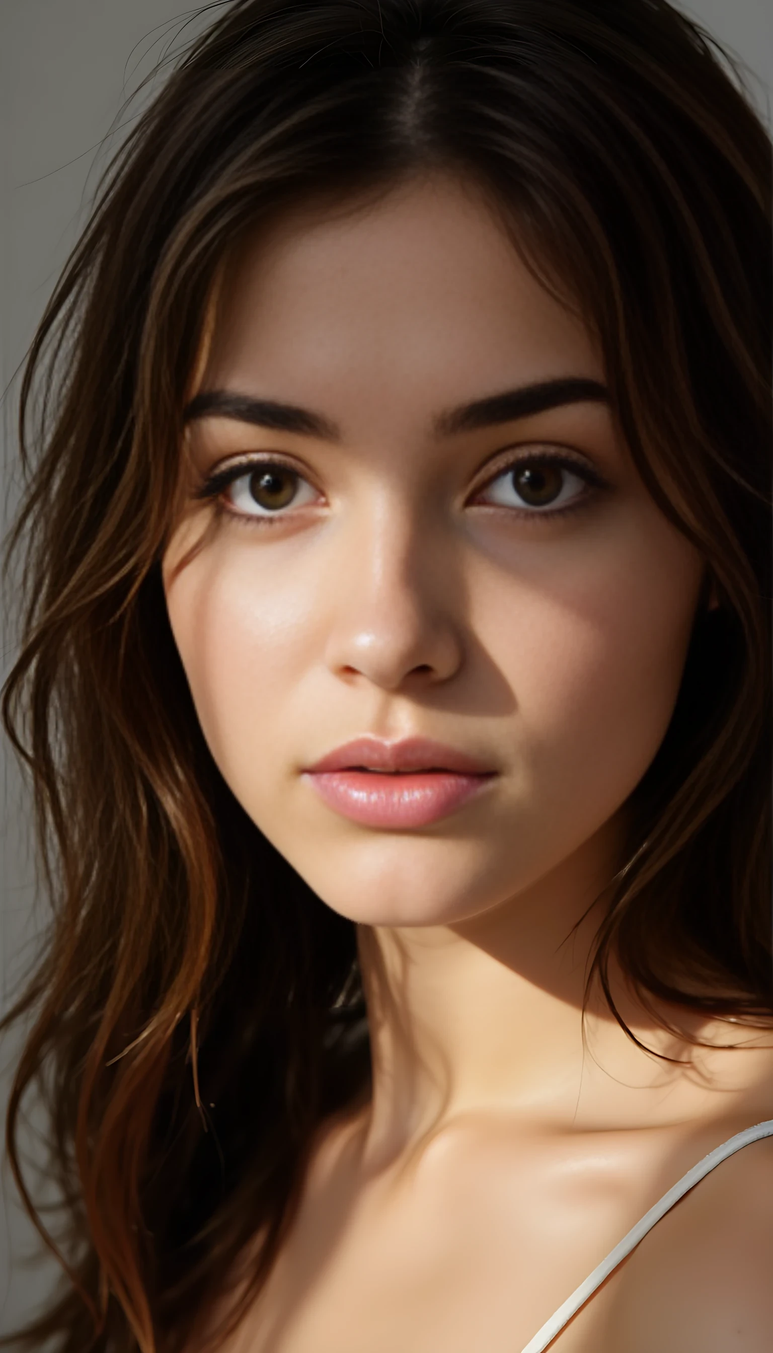 Close-up portrait of CSTMDL with long, layered dark brown hair softly framing her face past her shoulders, gazing directly into the camera with a subtle, inviting expression that says ‘come in, stay a while.’ Her skin has a natural satin finish, wearing no-makeup makeup with a whisper of warm lip gloss. The shot is lit with soft diffused daylight, front-facing for warmth and clarity. Framed tightly for circular crop, 85mm lens compression, eyes centered with shallow depth of field and delicate bokeh. Emotionally styled for seductive allure and calm intimacy. Background softly neutral and blurred. Ultra-premium detail — micro skin pores, light skin sheen, soft lip texture, stray hair strands, and gentle lens falloff. Include lifelike facial asymmetry, subtle baby hairs, soft shadow gradations, natural under-eye texture, slight gloss reflection on lips, and gentle light scattering on skin.