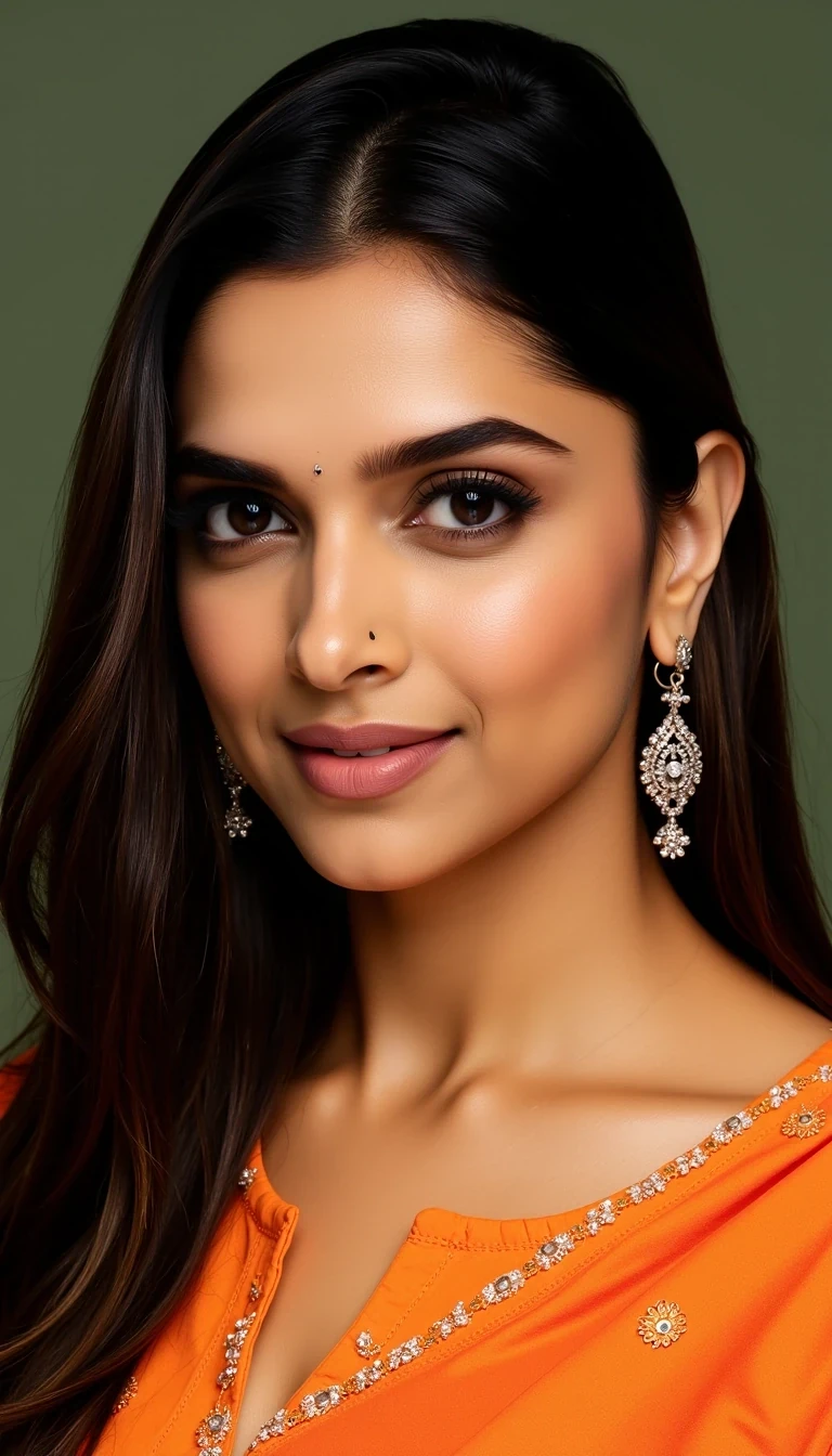 medium shot of CSTMDL, 20 years old indian girl, she has dark brown hair and dark brown eyes

Sharp focus on facial features, High dynamic range, 85mm lens look

stunning Indian woman with an oval face, high cheekbones, elongated features, and a graceful jawline. Deep almond-shaped dark brown eyes, full lips with a soft nude tone, radiant golden-brown skin, and long flowing dark hair. 

Soft dewy foundation with warm undertones, subtle contouring, peach-toned blush on the cheeks, and a golden highlighter on the high points of the face. Bold black eyeliner with a slight wing, kohl applied to the lower lash line, and long thick curled lashes. Neutral warm-brown eyeshadow blended softly across the lids. Well-defined thick eyebrows with a natural arch. Lips painted in a deep rose-matte shade, slightly overlined for fullness. 

A portrait of a woman with an elegant and serene expression. She wears a traditional ethnic ensemble, comprising a richly embroidered orange kurta embellished with intricate patterns, complemented by a matching dupatta draped gracefully over her shoulder. The attire is adorned with delicate silver jewelry, including large statement earrings and an ornate maang tikka on her forehead. The background features a smooth, muted green hue that enhances the vibrancy of her outfit. Lighting is soft yet focused, accentuating her facial features while creating a warm, inviting atmosphere. The composition emphasizes her face and upper body, aligning her slightly to the left of center for a balanced look. The overall styling captures cultural heritage, elegance, and poise, styled in a contemporary manner. Take note of the texture of the fabric and the shimmering quality of the jewelry to highlight luxurious details in the image. This portrait conveys grace and beauty, ideal for showcasing traditional attire in a modern context.

Bright indoor lighting, vibrant colors, Bollywood drama vibe. 

ultra-realistic portrait of a young woman, perfect smooth skin, no wrinkles, no blemishes, soft natural glow, even skin tone, high detail, cinematic lighting, beauty photography, 8k resolution young woman with flawless, smooth, wrinkle-free skin, perfectly even complexion, soft natural glow, poreless texture, s makeup on neck and body