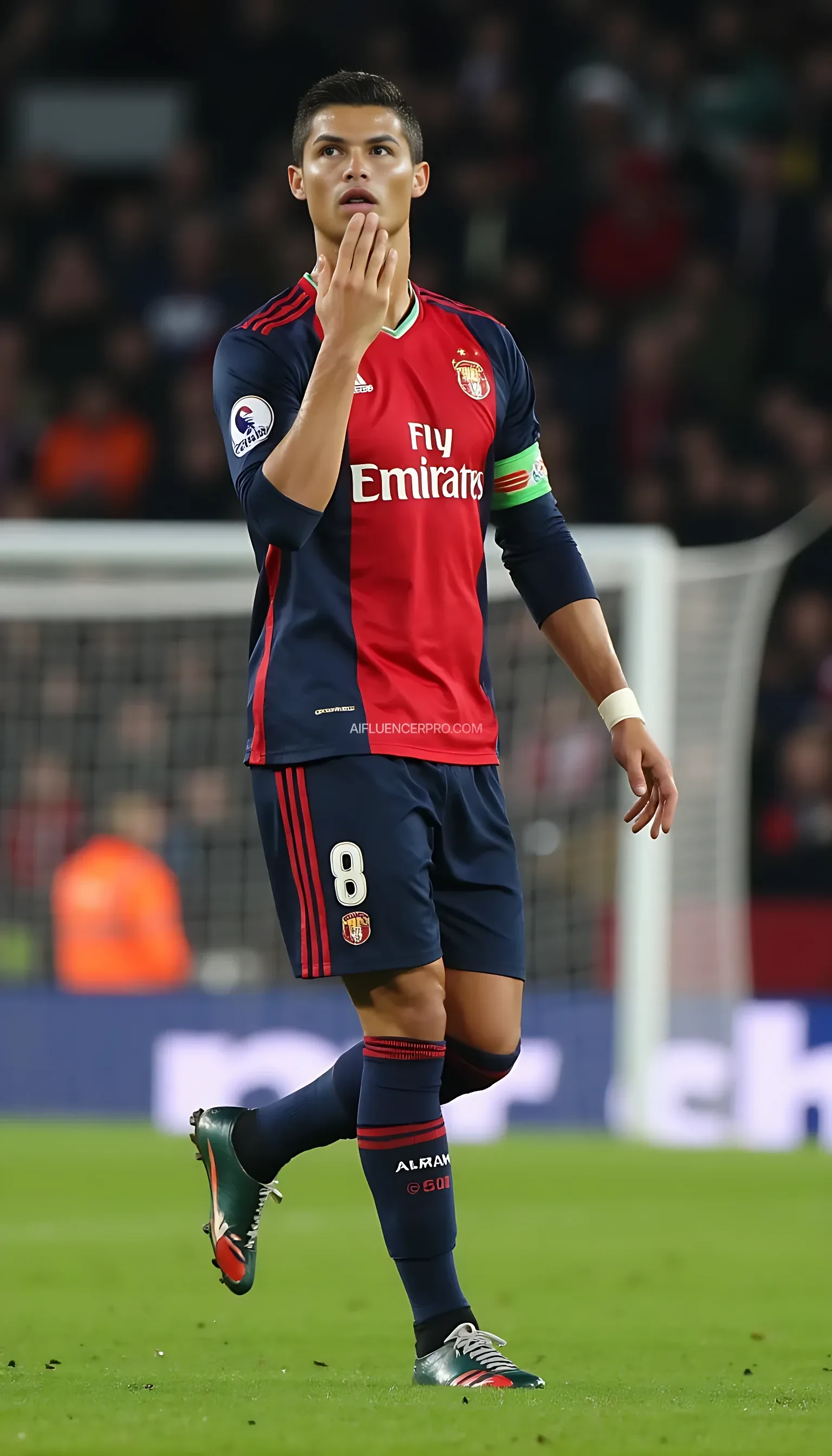 the ggreat football player Christiano Ronaldo on the pitch celebating . He is on the portrait focus