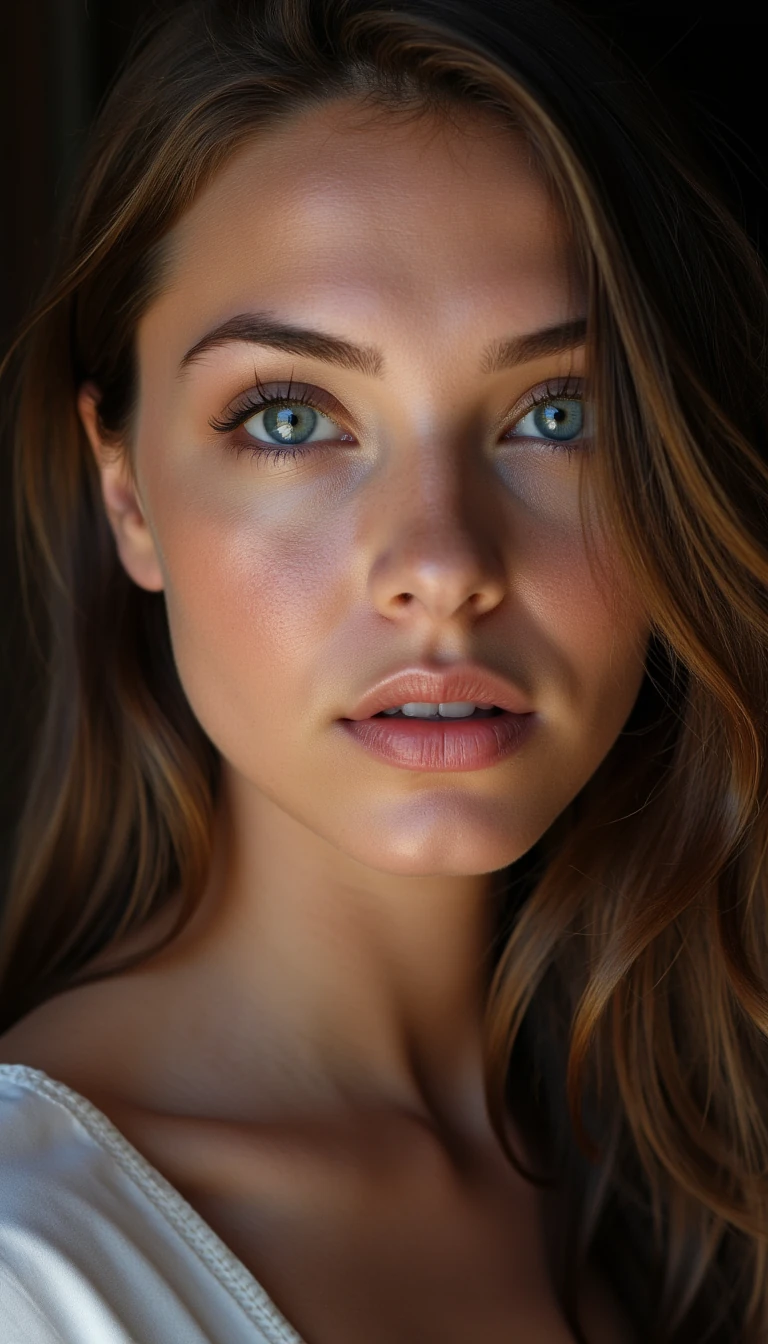 close-up of a feminine woman with big soft blue eyes, long dark lashes, defined cheekbones, wavy brown hair cascading over one shoulder, sensual yet innocent expression, slightly open lips, natural glossy skin texture, shot in soft afternoon window-light with shallow depth of field, polish girl, grainy 720p webcam frame, low contrast, LED keyboard glow on cheeks, sensor noise speckles




