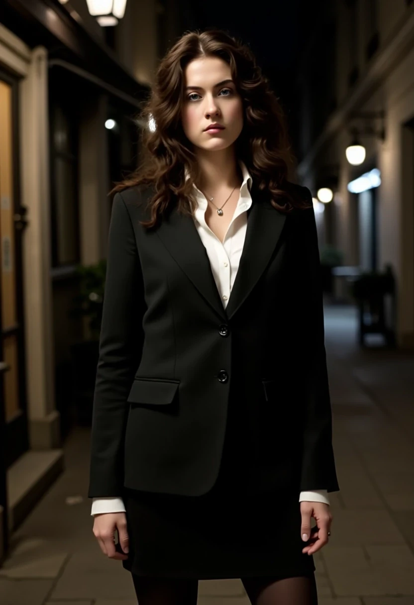 Woman CSTMDL, brunette, blue eyes, her hair are loose, she’s beautiful with a cold smile, wearing a tailored haute couture set, black blazer, black skirt, black tights and black high heels, elegant and modern, but very sexy. She also wears a white shirt under the blazer. Her clothes molds her sculptural body. Her expression is haughty and contemptuous. She looks like someone cold and unfriendly. Her skin tone is very white, (pallid), almost cadaveric. She’s wearing a small pendant. The background is a small deserted Parisian alley by (night). The light is very low, making the scene a bit worrying and frightening.
