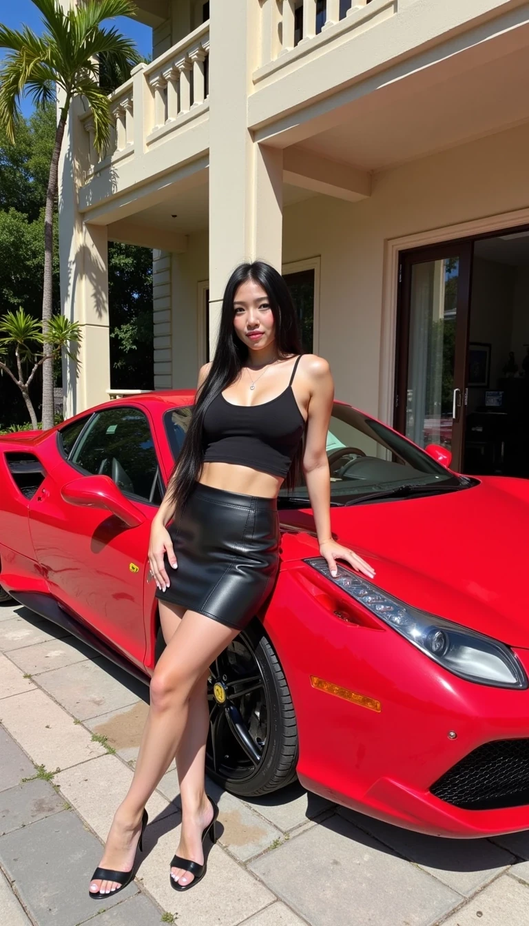 This is a high-resolution photograph featuring amy long, straight black hair standing next to a sleek, red ferrari. The woman, who appears to be in her late 20s, has a fair complexion and an athletic, toned physique. She is wearing a black, cropped tank top that accentuates her medium-sized breasts and a high-waisted, black leather mini-skirt that hugs her curves. Her legs are long and shapely, and she is wearing black high-heeled sandals. 

She leans casually against the car with one hand resting on the hood, her posture exuding confidence and allure. The car, a modern, high-performance model with a glossy black finish, is parked on a paved driveway in front of a luxurious, beige-colored building with a columned facade and large windows. The background includes lush green foliage and a glimpse of a balcony, suggesting a tropical or Mediterranean location. The lighting is natural, likely from the sun, casting soft shadows and highlighting the sleek surfaces of both the car and the woman. The overall aesthetic of the image is modern and glamorous, capturing a moment of stylish sophistication.