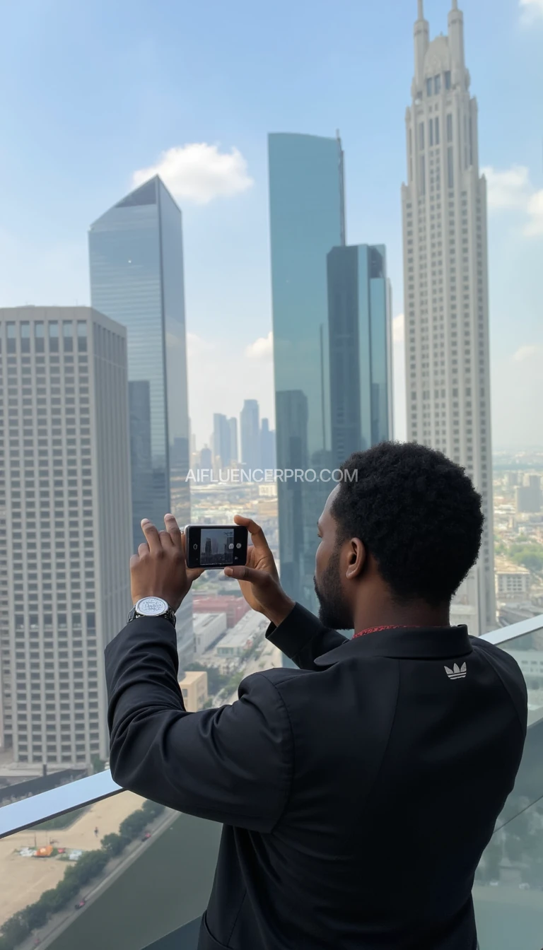 a full body black man holding an iphone taking pictures in dubia on a skyscrapper 