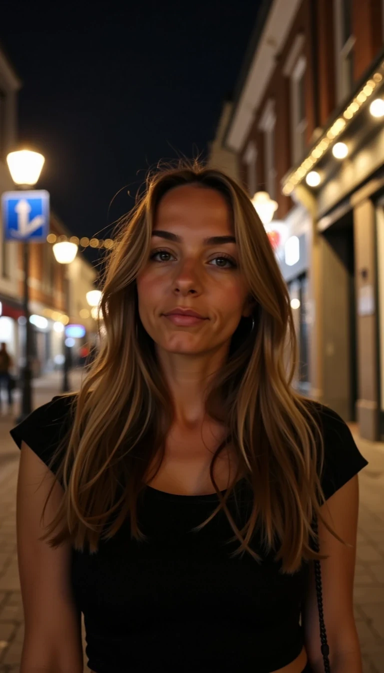 A casual photo taken on an iPhone of CSTMDL standing in the high street on a night out lots of night life and street lights behind her.  