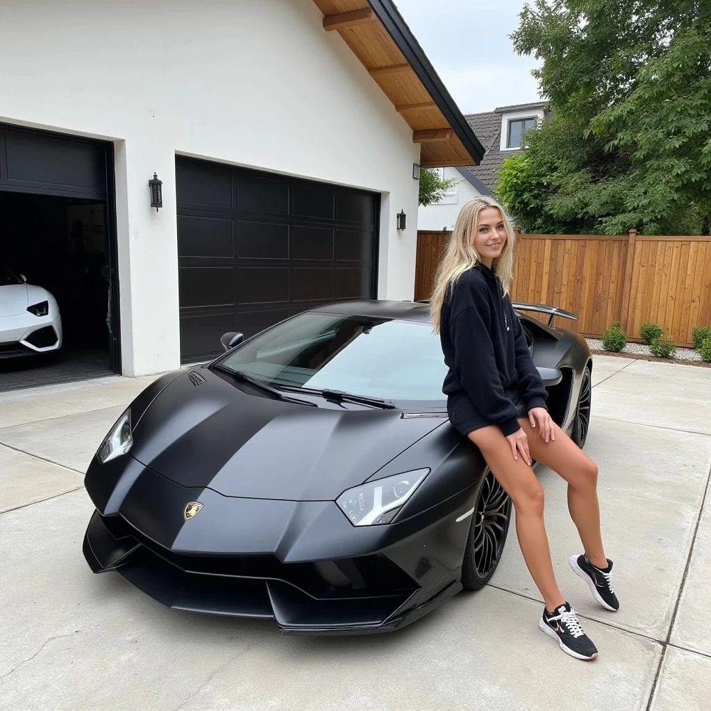 A photograph features a young woman with long soft blonde hair, a fit physique and tan skin, wearing a black hoodie, black shorts, and black-and-white sneakers. She sits on the hood of a black Lamborghini Aventador SV, one hand resting on her head, smiling. The car is parked in front of a massive luxury modern house with two closed garage doors and one open with a white Rimac Nevera parked inside, there is a wooden fence and lush greenery surrounding the property.