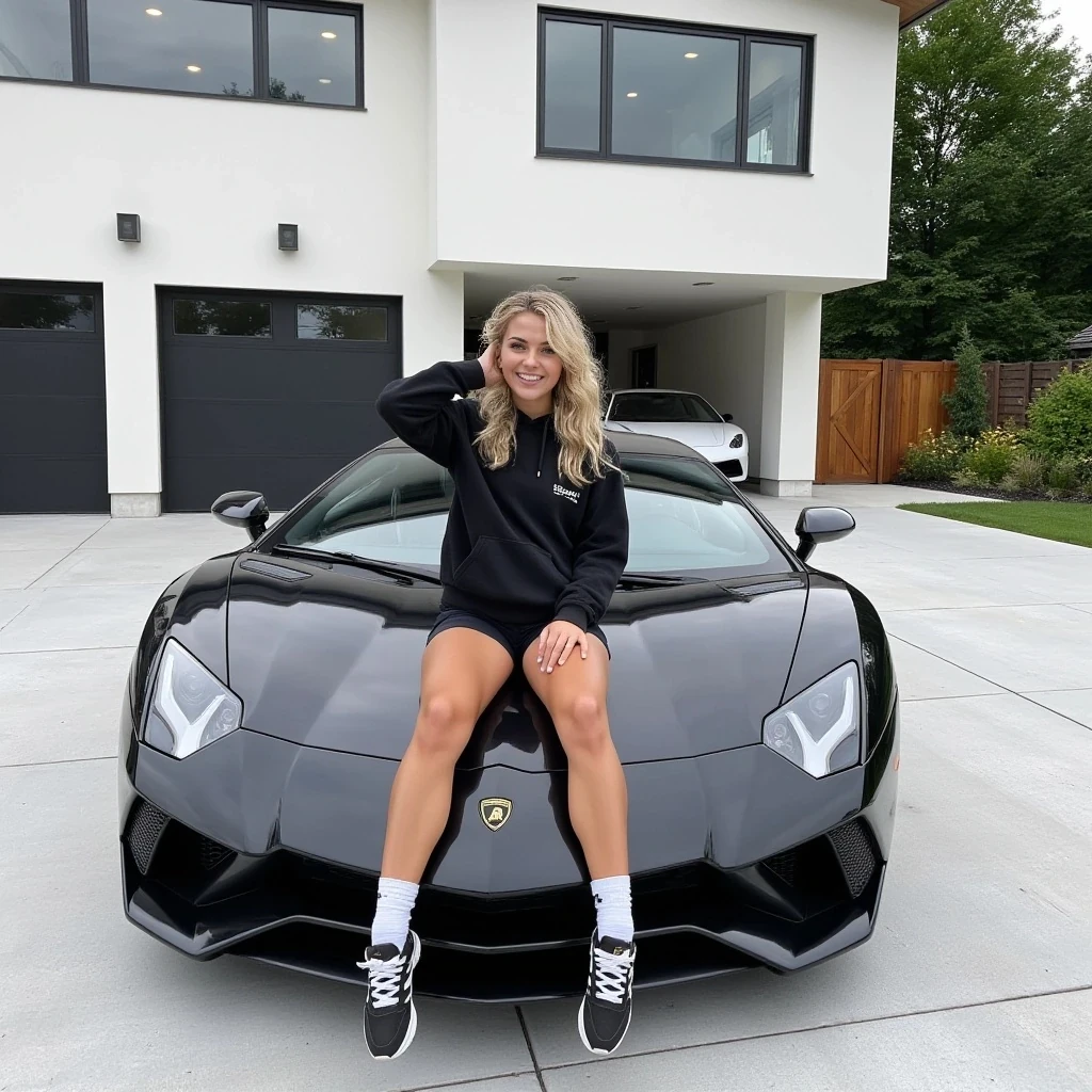 A photograph features a young woman with long soft blonde hair, a fit physique and tan skin, wearing a black hoodie, black shorts, and black-and-white sneakers. She sits on the hood of a black Lamborghini Aventador SV, one hand resting on her head, smiling. The car is parked in front of a massive luxury modern house with two closed garage doors and one open with a white Rimac Nevera parked inside, there is a wooden fence and lush greenery surrounding the property.