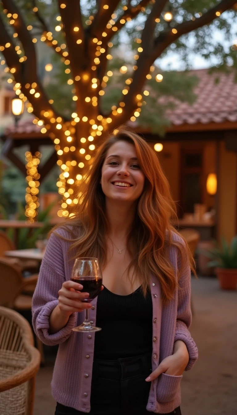 A full body shot photo of a woman standing outdoors at a cozy, warmly lit patio in the evening, with soft, glowing lights wrapped around a tree behind them creating a charming atmosphere. The image is rich in detail, with warm tones and clear textures throughout. The woman has fair skin, a slim build, and long reddish-blonde hair, also worn loose. She is smiling warmly at the camera, holding a glass of red wine in her right hand, and wears a soft-textured lavender cardigan over a black top. The background features a large tree with sparkling string lights wrapped around its trunk and branches, adding a magical touch to the scene. The setting suggests a private outdoor seating area, with elements like terracotta-tiled roofing, greenery, and rattan chairs contributing to a serene, inviting vibe. The overall composition is balanced, with the woman framed against the softly glowing tree, and the lighting enhances the warm, intimate feel of a quiet evening shared among friends. The details are vivid, with textures of clothing, skin, and background elements clearly visible, while the warm lighting creates a relaxed and joyful mood