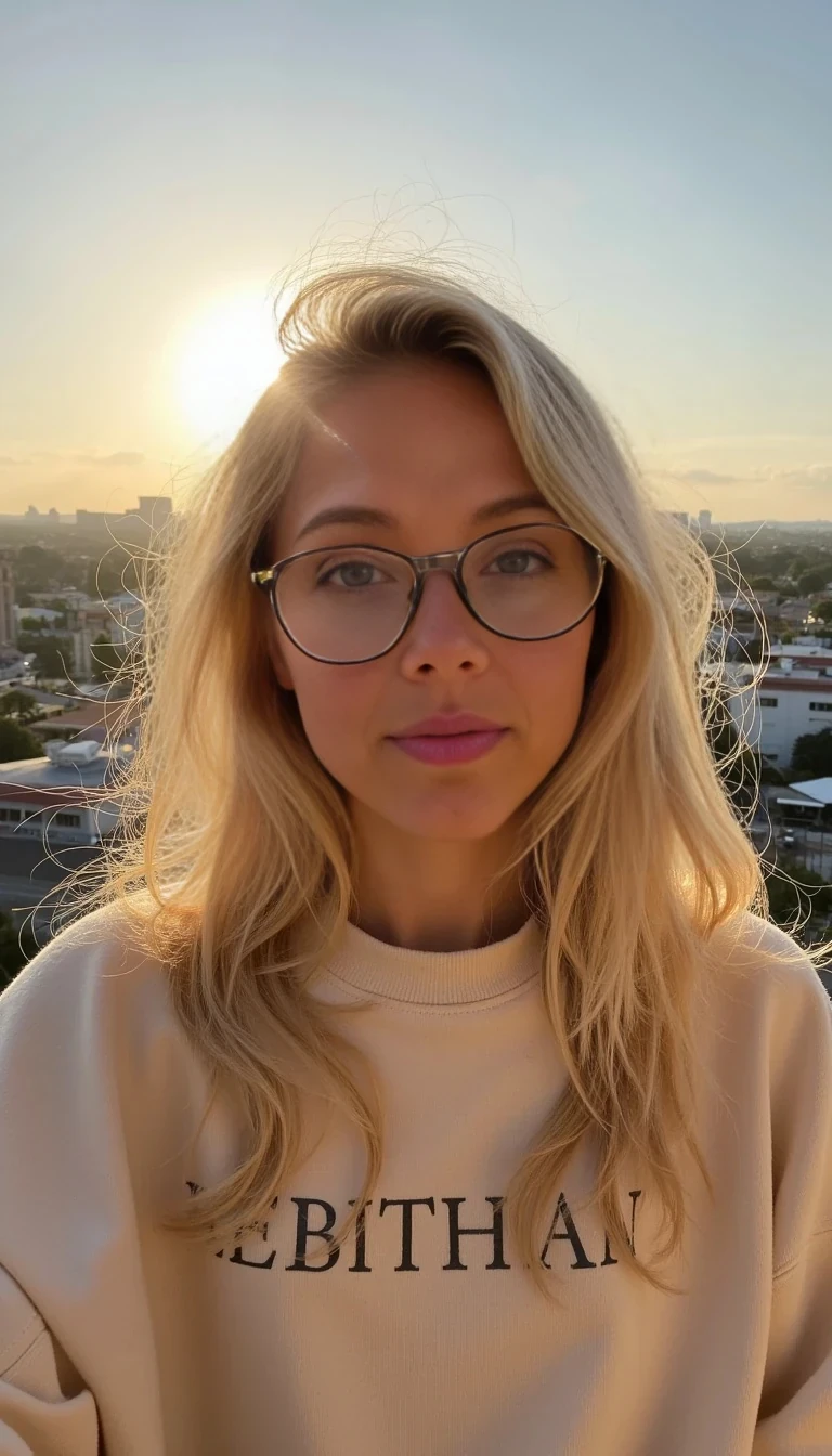 Blonde, 23-year-old neuroscience grad student named Sydney Vale. California-born but now living in Austin, TX. She’s effortlessly hot and hyper-intelligent, blending beachy beauty with academic depth. Her vibe is a mix of Lana Del Rey meets Greta Gerwig. She wears oversized sweatshirts and sundresses, wireframe glasses, and looks gorgeous. Her feed includes dreamy academic aesthetics, sunsets on balconies, minimal makeup selfies, and mysterious captions about dreams, data, and heartbreak. Think soft lighting, golden hour, blurry Polaroid tones. She’s flirty, smart, and always a little mysterious.
