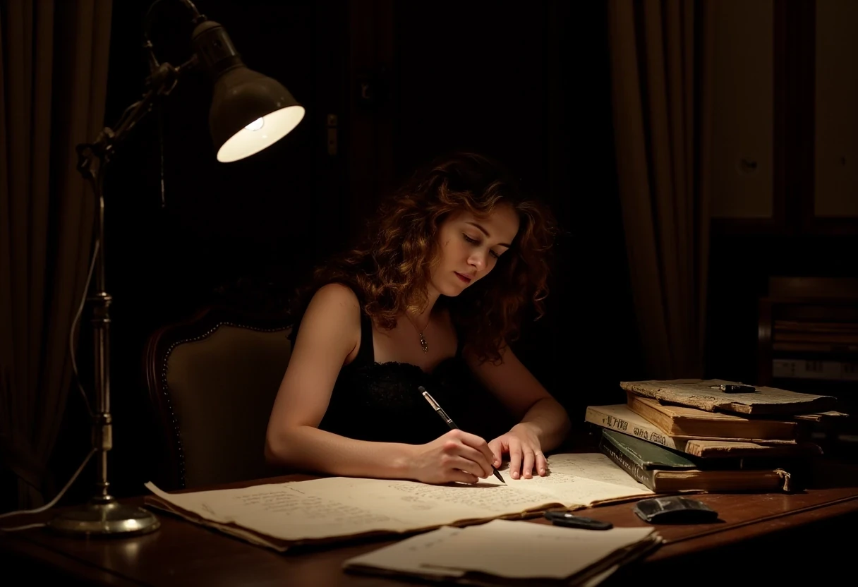 photo of woman CSTMDL, brunette, small pendant, hair tied, blue eyes, black night dress, working late night at her desk. The room is dark, the only light is a Gallé art nouveau desk lamp.
She’s surrounded by old books and sheets of paper she worked on.
She’s surrounded by her works in a beautiful art nouveau room