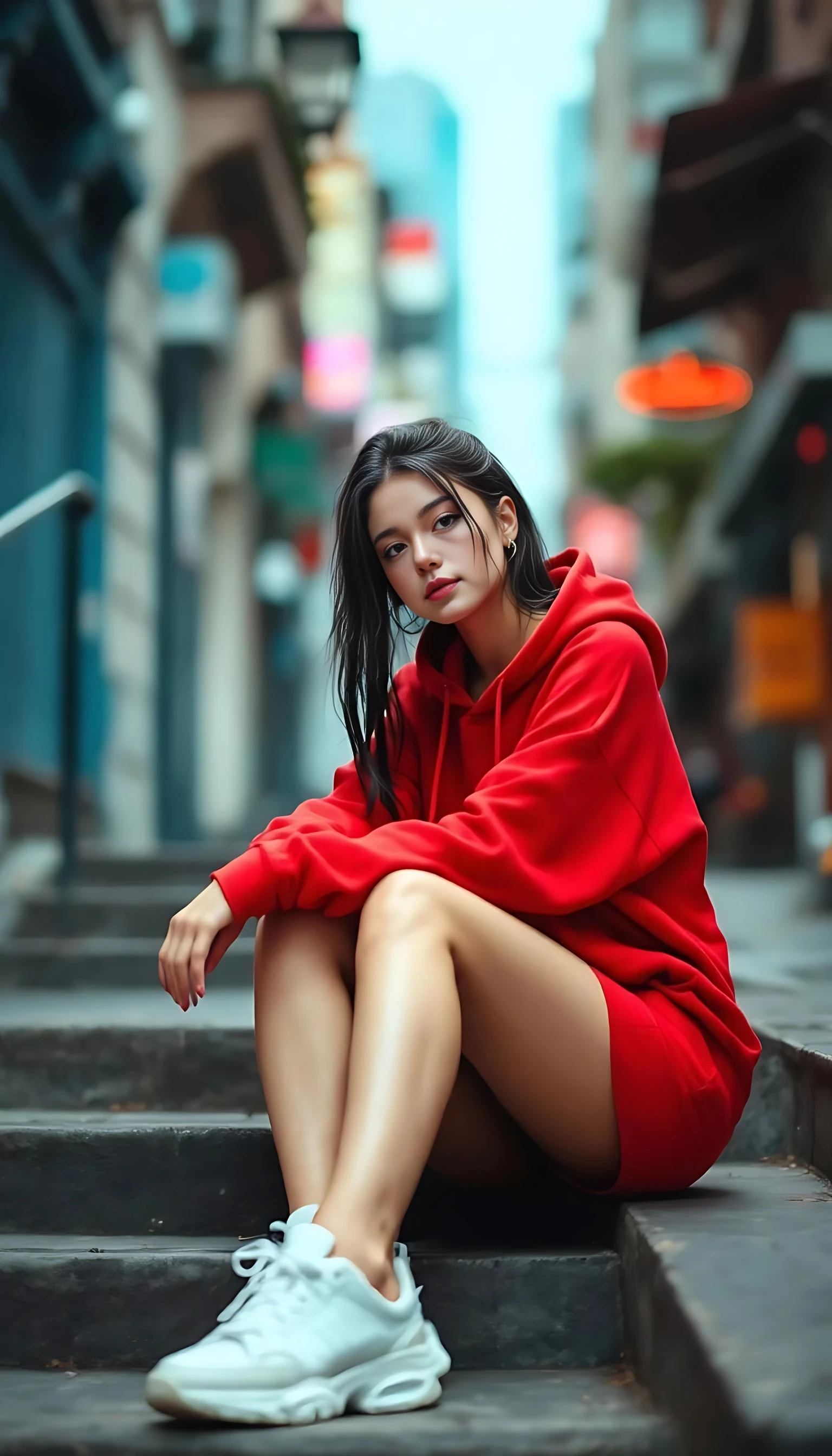 Woman wearing a sporty red hoodie and white sneakers, sitting on stairs in a city street, full-body shot with depth of field, urban aesthetic — confident yet casual.

negative prompt:  blurry, low resolution, low quality, distorted face, extra limbs, extra fingers, missing fingers, deformed hands, unnatural skin texture, overexposed, underexposed, bad anatomy, disfigured, mutated, duplicate face, fused limbs, exaggerated features, unrealistic eyes, anime style, cartoon, doll-like, glitch, watermark, text, logo, grain, noisy background, jpeg artifacts, lens distortion, fisheye,deformed hands, extra fingers, missing fingers, double face, bad anatomy, blurry face, disfigured, bad proportions, low quality, artifact, mutated limbs, asymmetrical eyes, face distortion, incorrect lighting, extra limbs, low quality, bad anatomy, disfigured, mutated, deformed, extra limbs, extra fingers, missing fingers, blurry face, ugly face, inconsistent face, bad hands, face distortion, body distortion, duplicate face, glitch, watermark, logo, text,no text,no watermark,no extra fingers no blurry face
