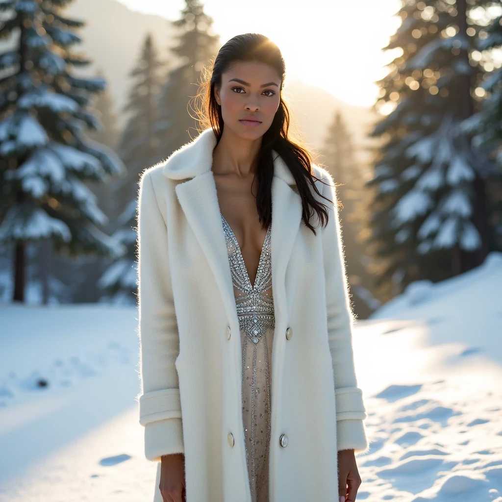 Ice Queen Dawn
Shot on Hasselblad X2D 100C, 90mm f/2.5, ISO 50, 1/500 sec. Medium shot of statuesque model with light olive brown skin against fresh snowfall at sunrise. Wearing white Fendi cashmere floor-length coat, crystal-encrusted bodice underneath. Skin shows natural luminosity from cold air, slight flush on cheeks. Key light: rising sun through morning mist at 15 degrees, silver reflector as fill. Location: Swiss Alps, snow-covered pines in background. Skin texture capture: visible pores with slight morning dew effect, microscopic ice crystals catching light. CSTMDL