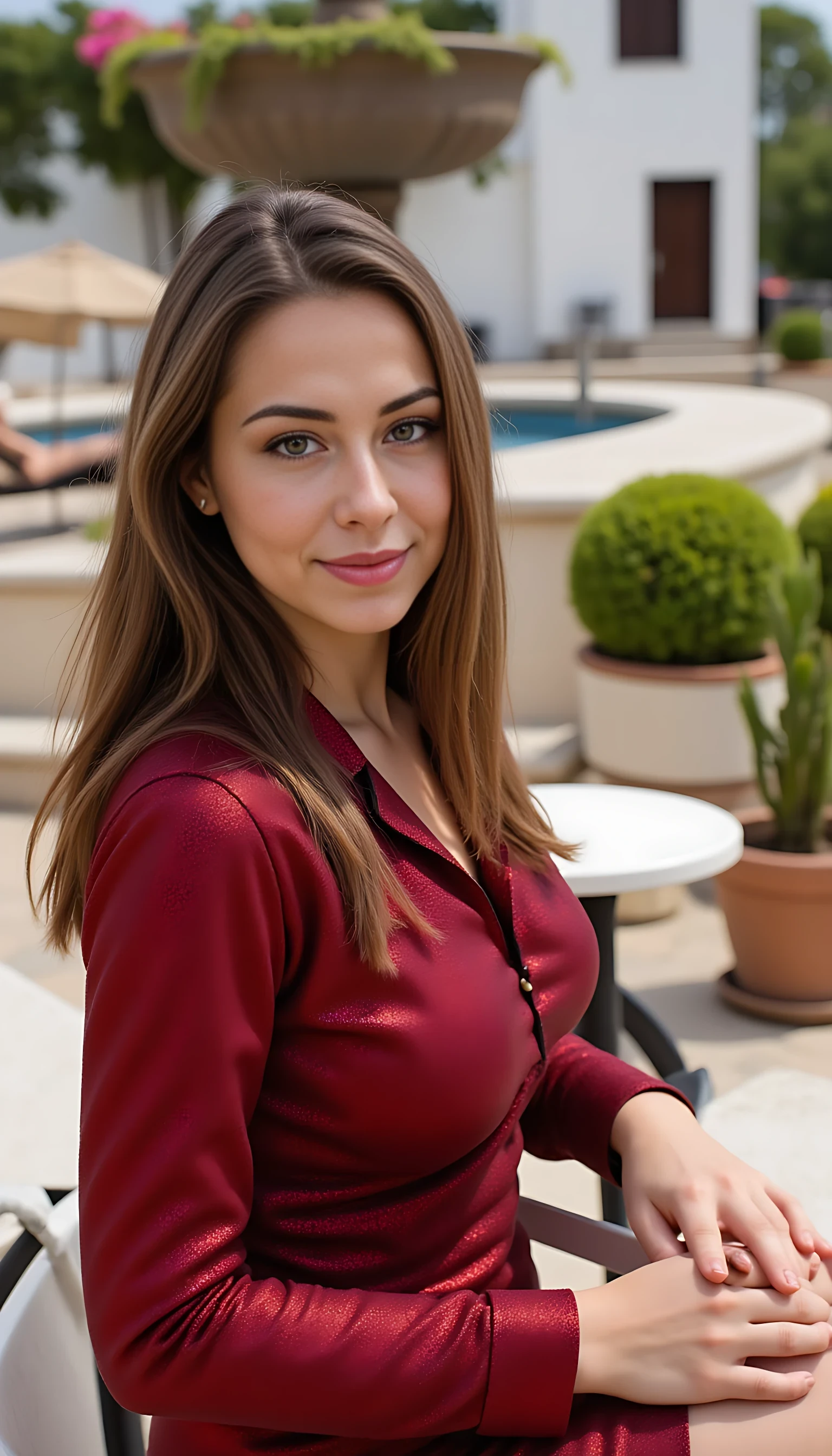 create an ultra-realistic full body image of a CSTMDL dressed in a dark red shimmering dress sitting elegantly and confidently outside of a little cafe in Greece, there is a big beautiful fountain in the background. her expression is smiling. Focus on extreme realism, especially in her facial details. her hair is almost to her waist in length. her eyes are extremely realistic and she is looking directly in the camera. hands are perfectly detailed and realistic. her hair is long in length reaching almost to her hips. 