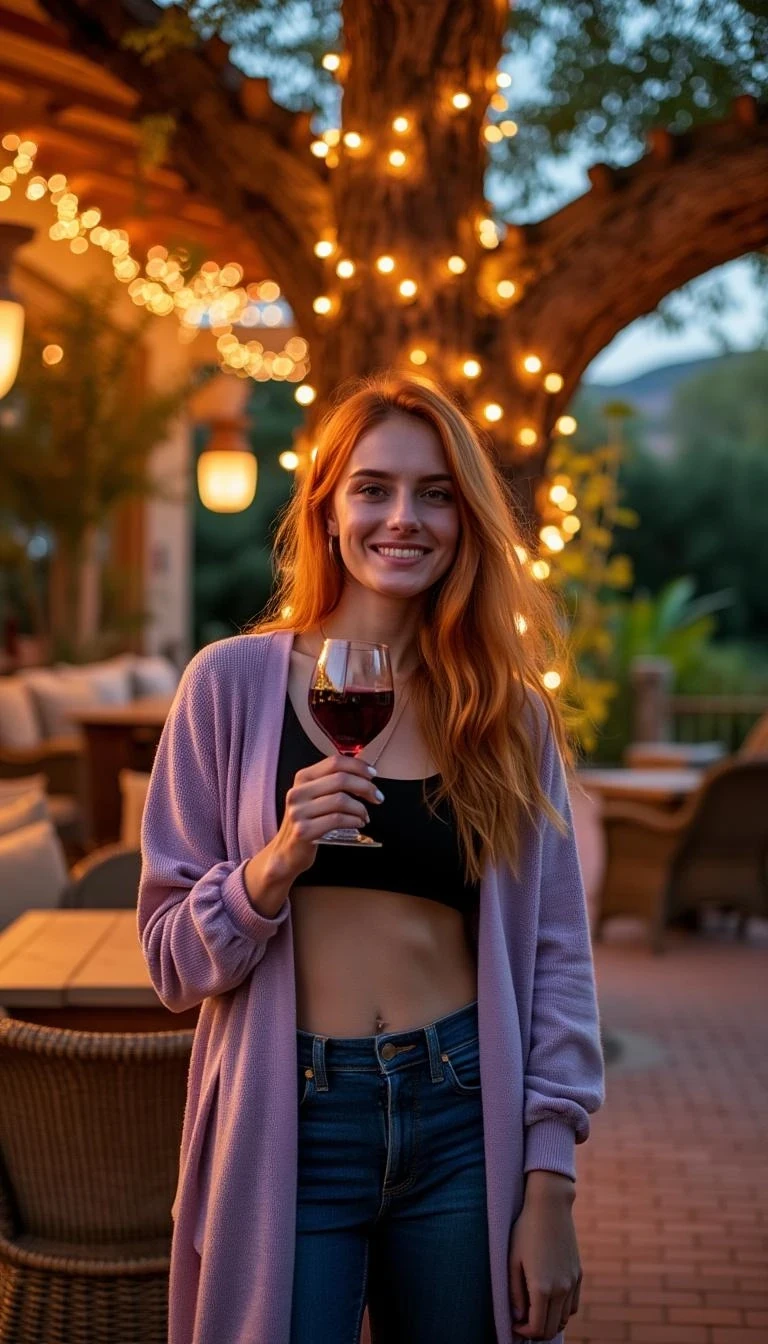 A full body shot photo of a woman standing outdoors at a cozy, warmly lit patio in the evening, with soft, glowing lights wrapped around a tree behind them creating a charming atmosphere. The image is rich in detail, with warm tones and clear textures throughout. The woman has fair skin, a slim build, and long reddish-blonde hair, also worn loose. She is smiling warmly at the camera, holding a glass of red wine in her right hand, and wears a soft-textured lavender cardigan over a black top. The background features a large tree with sparkling string lights wrapped around its trunk and branches, adding a magical touch to the scene. The setting suggests a private outdoor seating area, with elements like terracotta-tiled roofing, greenery, and rattan chairs contributing to a serene, inviting vibe. The overall composition is balanced, with the woman framed against the softly glowing tree, and the lighting enhances the warm, intimate feel of a quiet evening shared among friends. The details are vivid, with textures of clothing, skin, and background elements clearly visible, while the warm lighting creates a relaxed and joyful MOOD CSTMDL 