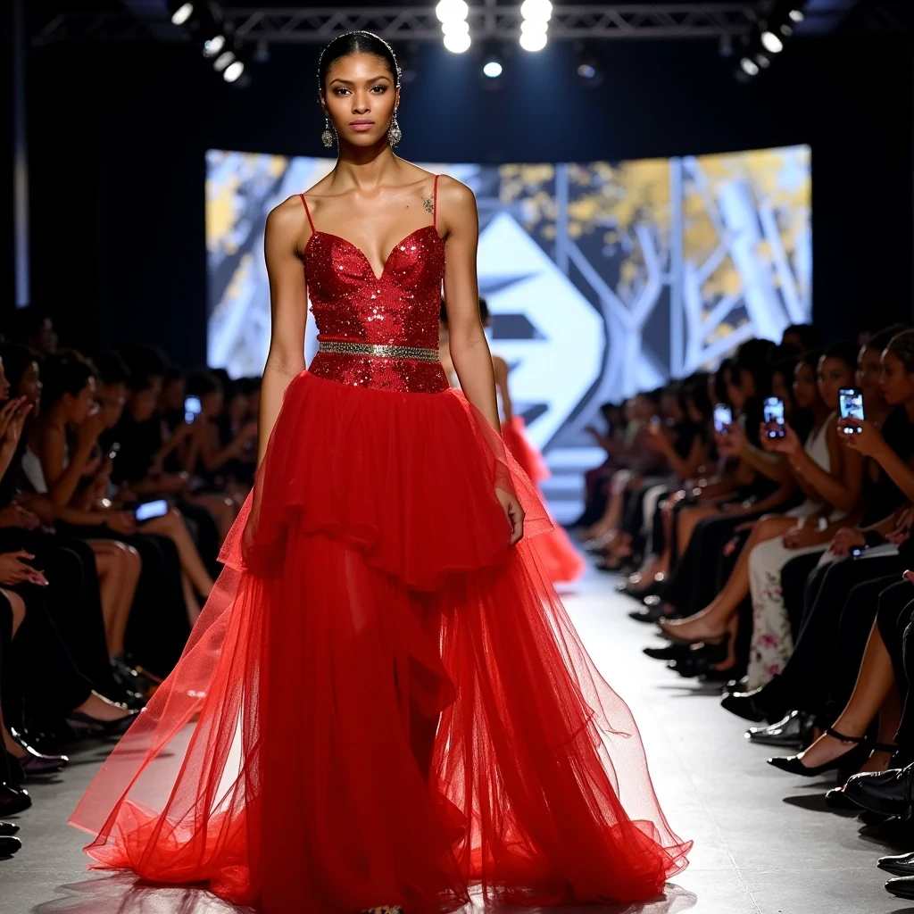 Finale Moment
Shot on Canon R3, 24-70mm f/2.8, ISO 1600, 1/800 sec. Wide shot capturing model leading finale walk. Valentino red tulle explosion, dramatic train. Light olive brown skin luminous under mixed lighting: LED strips + follow spot. Complex lighting pattern shows skin's natural highlights. Backdrop: massive LED wall displaying abstract art. Other models visible in background creating depth. Fashion editor phone lights create organic bokeh. CSTMDL