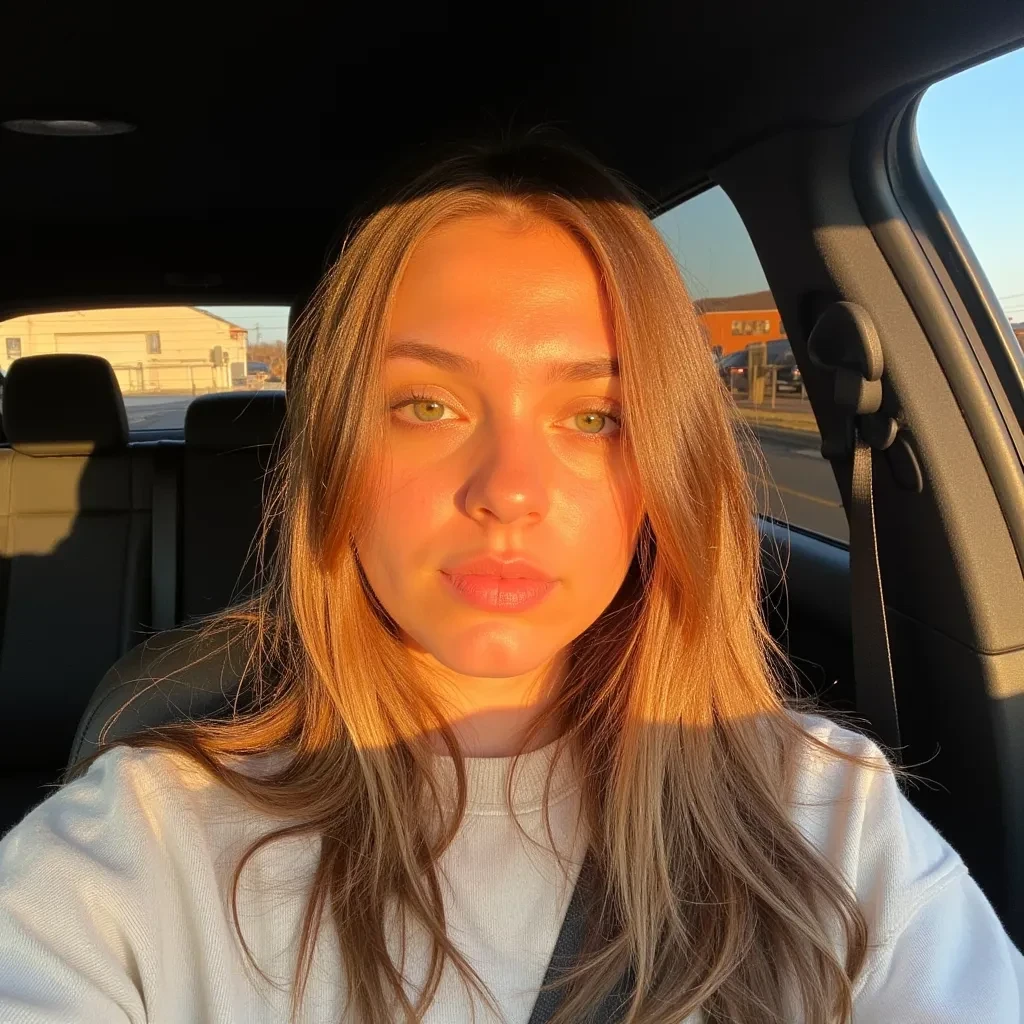 Selfie photo of cute woman with soft light brown hair in a car, The light from the setting sun gives a soft orange glow across her face and upper body, casting long shadows