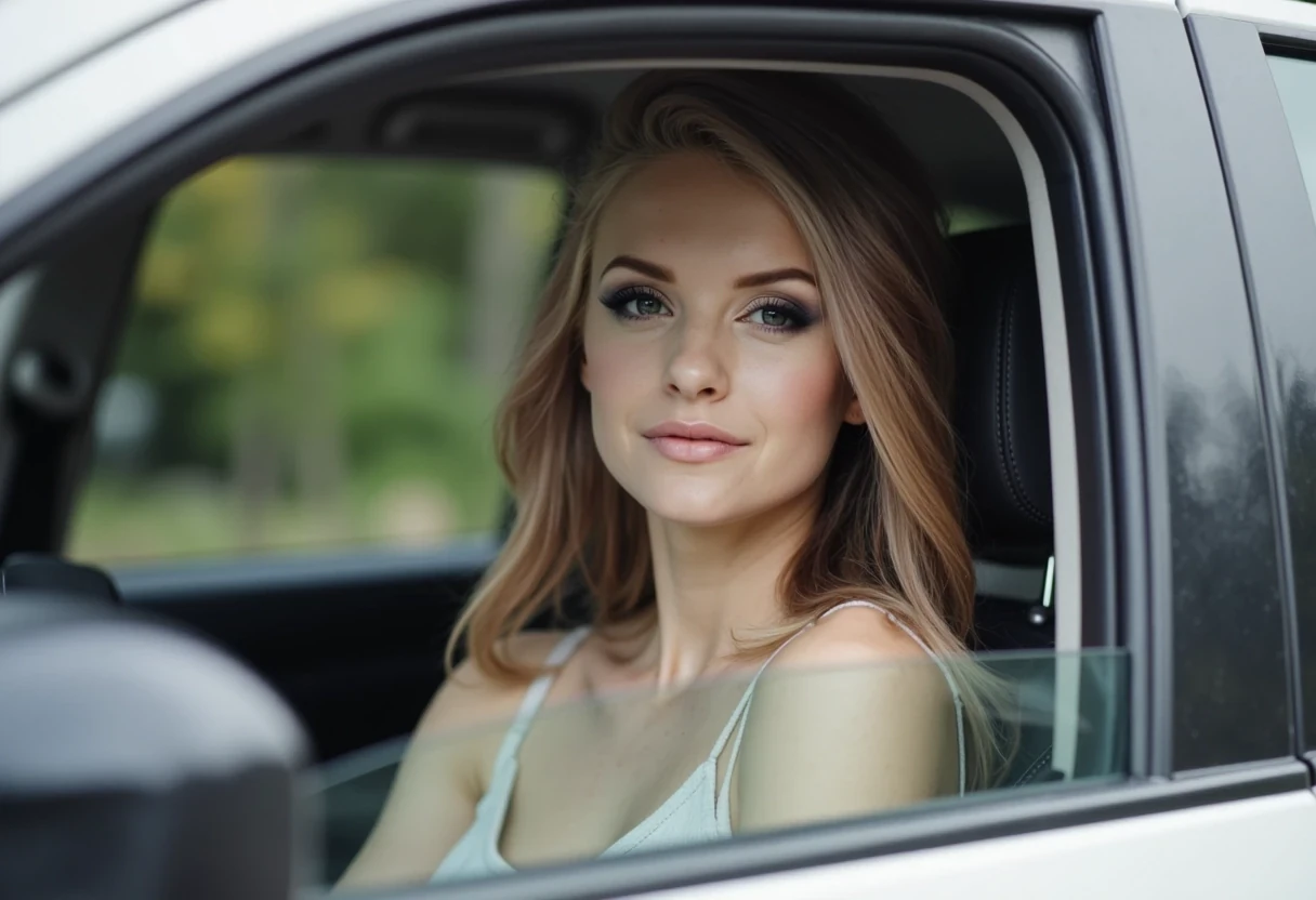photo of cute woman CSTMDL in a car, full body face on