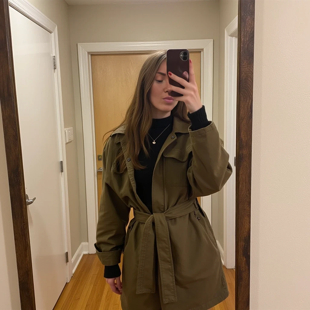 boring low quality snapchat photo circa 2015, cute woman, soft light brown hair, full outfit