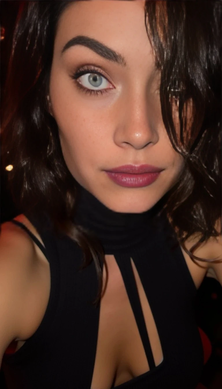 boring low quality snapchat photo circa 2015, woman model at techno party in berghain night club in berlin at night the woman model wears a black high neck tanktop. and ripped black jeans., Eyes: Almond-shaped and piercing, her light green eyes are luminous against her warm skin. Lined with smoky makeup and lifted by defined brows, her gaze is intense—like she knows your secrets before you speak them.

Brows: Full and well-shaped with a natural arch, her brows add definition and just the right amount of drama to her expression.

Lips: Her lips are full, plush and richly shaped, often painted in a deep red or wine tone. Her mouth carries a permanent suggestion of a smirk—a quiet dare, or a promise whispered in shadows.

Nose: Straight and balanced, neither too sharp nor too soft, giving her face symmetry and strength.

Jawline & Cheeks: A softly sculpted jaw with high cheekbones. Her cheeks have a faint natural flush that highlights her vibrant complexion. The overall shape of her face is a graceful oval with just a hint of fierceness.

Hair Framing the Face: Thick brunette waves tumble around her face, framing it like a halo of dark silk—sometimes parted to the side to emphasize her cheekbones or draped over one eye for mystery.