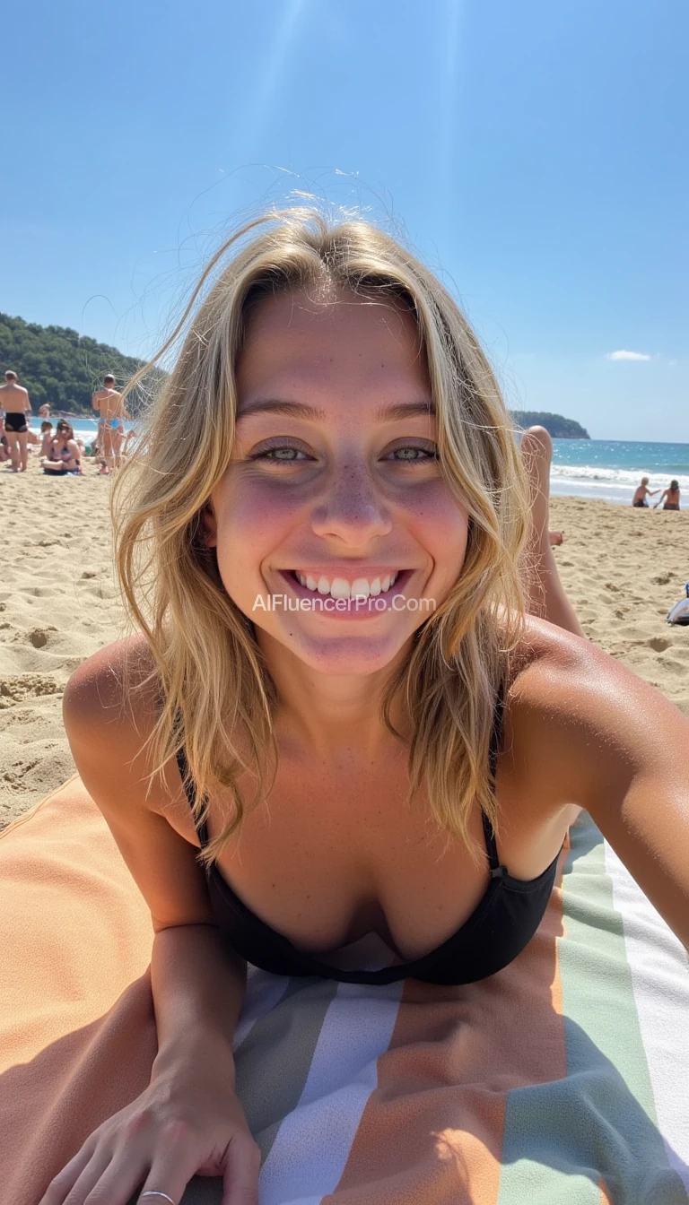 boring low quality snapchat photo circa 2015, A young woman with a warm smile, laying on a beach towel at the beach. She has soft, wavy blonde hair cascading past her shoulders. She has no pants on and her legs are spread open towards the camera. Her body is petite. The sunlight streams on her face, casting a gentle blushing on her freckled face. The background is a nice populated beach with clear waters and blue skies