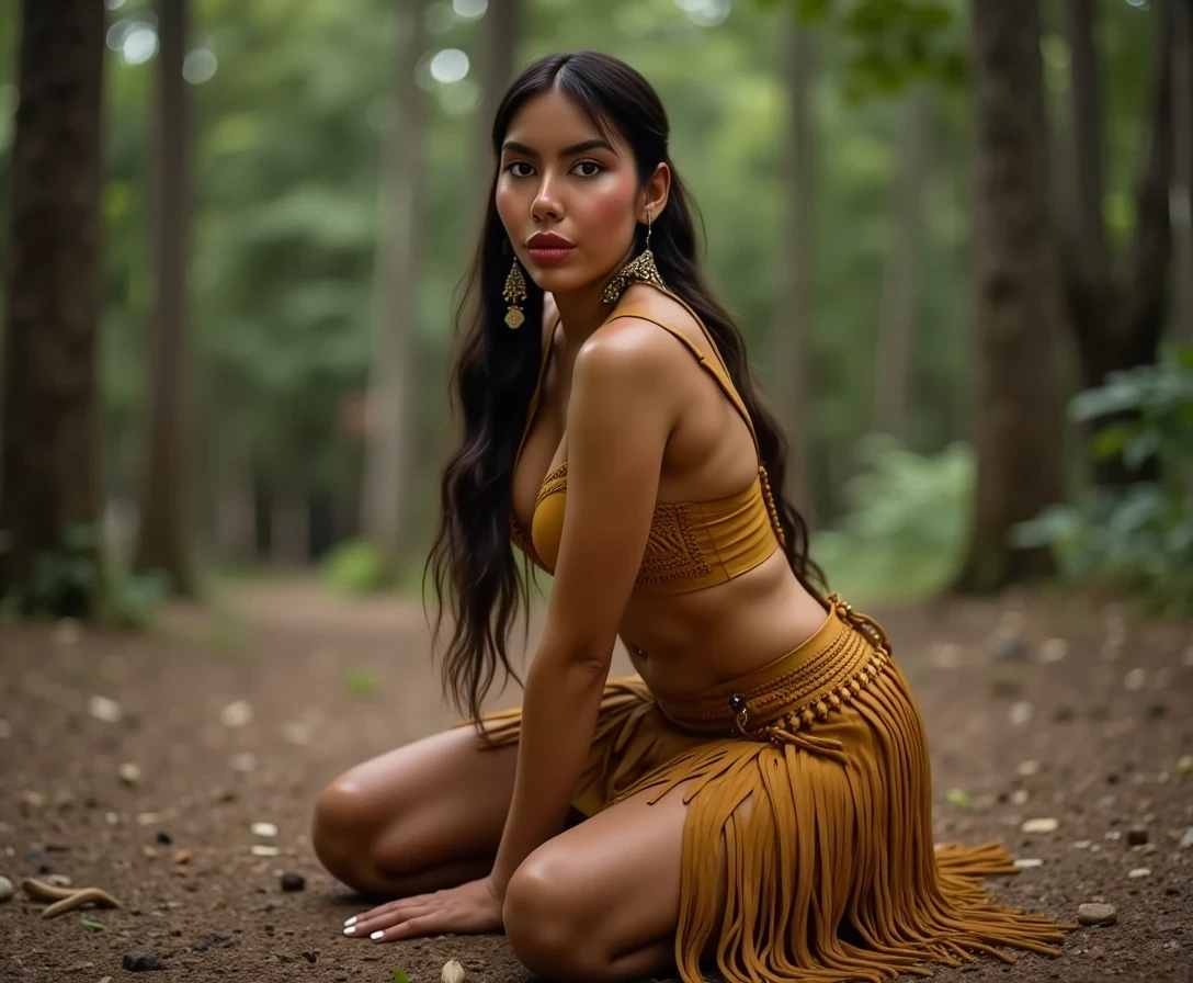 A medium shot photo of woman CSTMDL, a 25-year-old native American woman. The woman who is Native American in appearance has light tan skin tone, she is tall with a athletic build, medium sized boobs, her nipples are medium size and dark skinned areolas, She is wearing her hair in a native American style with 2 long braids, She is wearing a sexy native American leather outfit with a fringe breechcloth in a golden yellow color, in a wooded area she is on all fours with her legs spread wide apart, her knees are on the ground and her bum is facing the right side of the screen, her but is lifted high up and her face is down near the ground, She is looking back maintaining intense eye contact with the camera staring stoically without any other expression at all. The composition captures a casual, candid moment, romantic setting, Hyper realism, captured with a nikon d850, 16k, uhd, ultra-sharp focus, depth of field, perfect meshes and textures, highly detailed, highly accurate reflections, volumetric fog, volumetric lighting, volumetric light, hdr, ray tracing, cinematic shooting style, her entire body is in the frame including her hands which are on the ground 