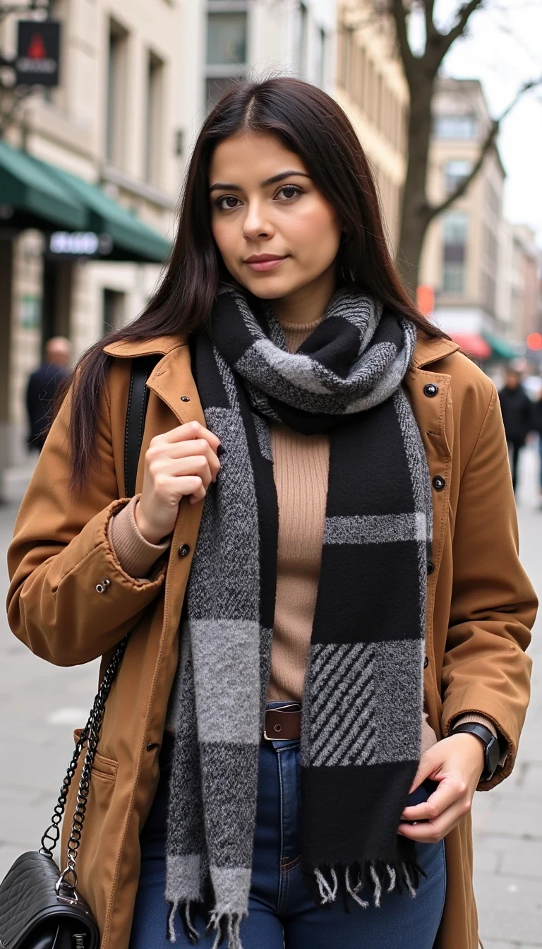photo of woman CSTMDL, Fall/winter layered outfit with scarf