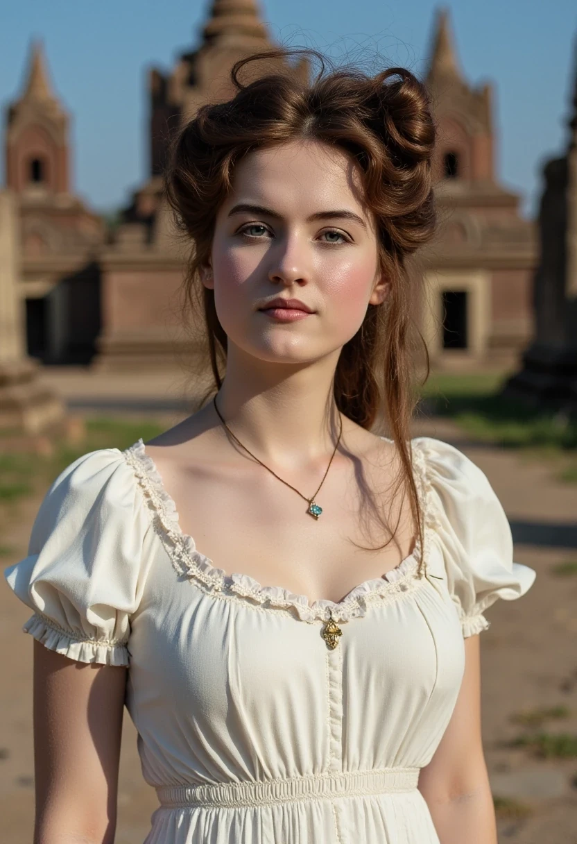woman CSTMDL, photo ((medium)), brunette, blue eyes, cold smile, 1900 covering white dress, small pendant, tied hair, big breast, thin waist, cambodian khmer ruins in background