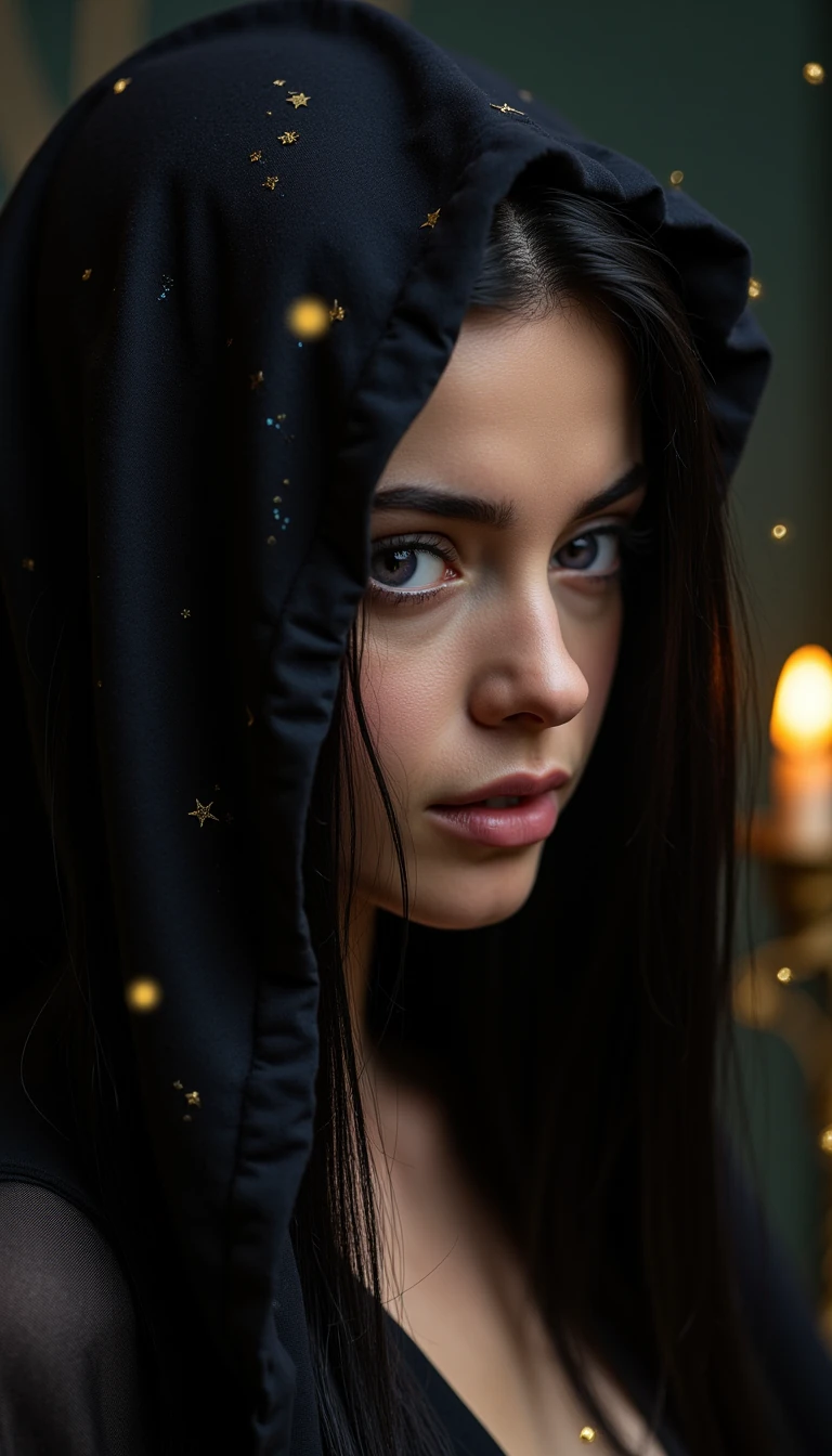 A mesmerizing female oracle with timeless, ageless beauty. Porcelain skin with a faint pearlescent glow, as if lit from within. Long, straight jet-black hair with hints of midnight blue under the light. Eyes are deep violet with a subtle ring of gold around the pupil, hypnotic and knowing. Facial features are sharp yet soft — high cheekbones, delicate nose, and full lips in a muted rose tone. Wearing a dark, flowing silk gown with subtle metallic threads forming constellations and sacred symbols. A hood or sheer veil may partially frame her face for mystery. Background is a dim, candlelit space with floating golden particles or soft cosmic mist. Her presence feels ancient yet modern, powerful yet serene.