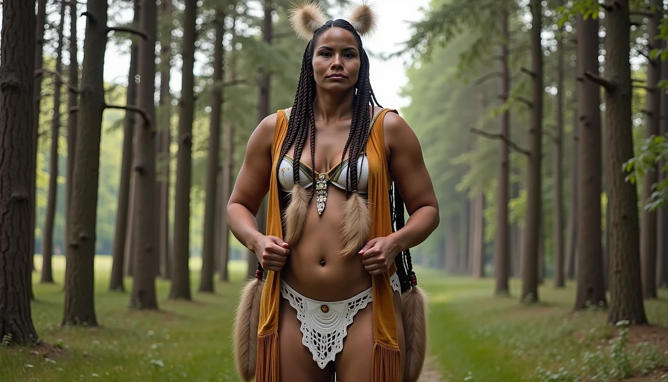 photo of woman CSTMDL, a medium shot photo of, a slim woman, her full body is in the scene, she has a slender petite build with petite small boobs and a flat chest, she has small dark skin nipples with long pointy nipple ducts and small dark skinned areolas, her hair is styled with two long braids she has eagle plumes in her hair, she is not wearing earrings, she is wearing daisy duke denim booty shorts, she is wearing a native American style vest in a golden yellow color over top of her underwear, her vest is open exposing her strapless bra, her bra is a strapless white lace bra, she is wearing white lace panties, she is wearing ankle height smoked hide moccasins, natural lighting, natural light, amateur photography, shot on an iPhone, she is standing with her legs spread wide apart in a densely wooded forest, she is maintaining intense eye contact with the camera, there is a giant native American fat man twice her height kneeling directly behind her holding onto gripping the woman's waistline, the man is holding her in front of him, the man is a real giant twice the height of an average male, public setting, Hyper realism, ultra-sharp focus, highly detailed, natural lighting, natural light, amateur photography,