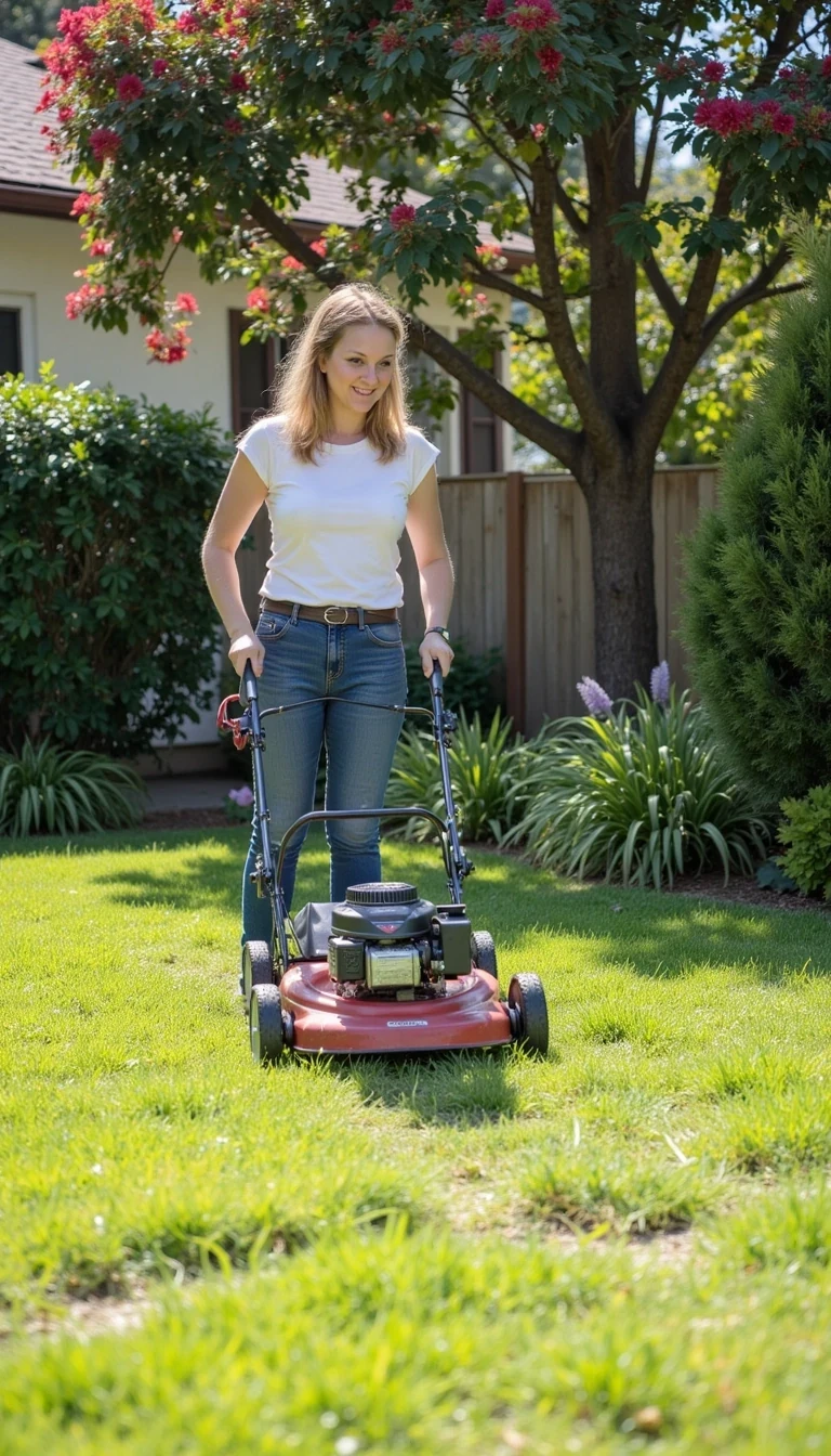 photo of woman CSTMDL mowing the lawn