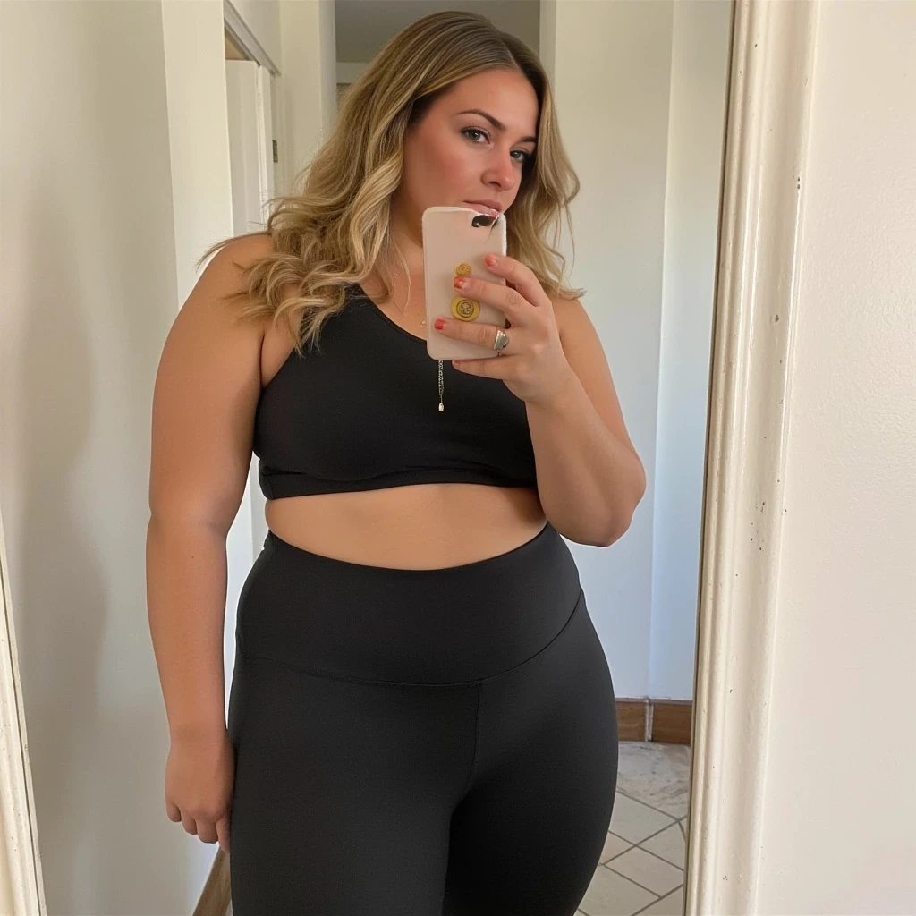 taking a selfie in yoga pants and a tank top with a mirror behind her so you can see her thick booty in the mirror