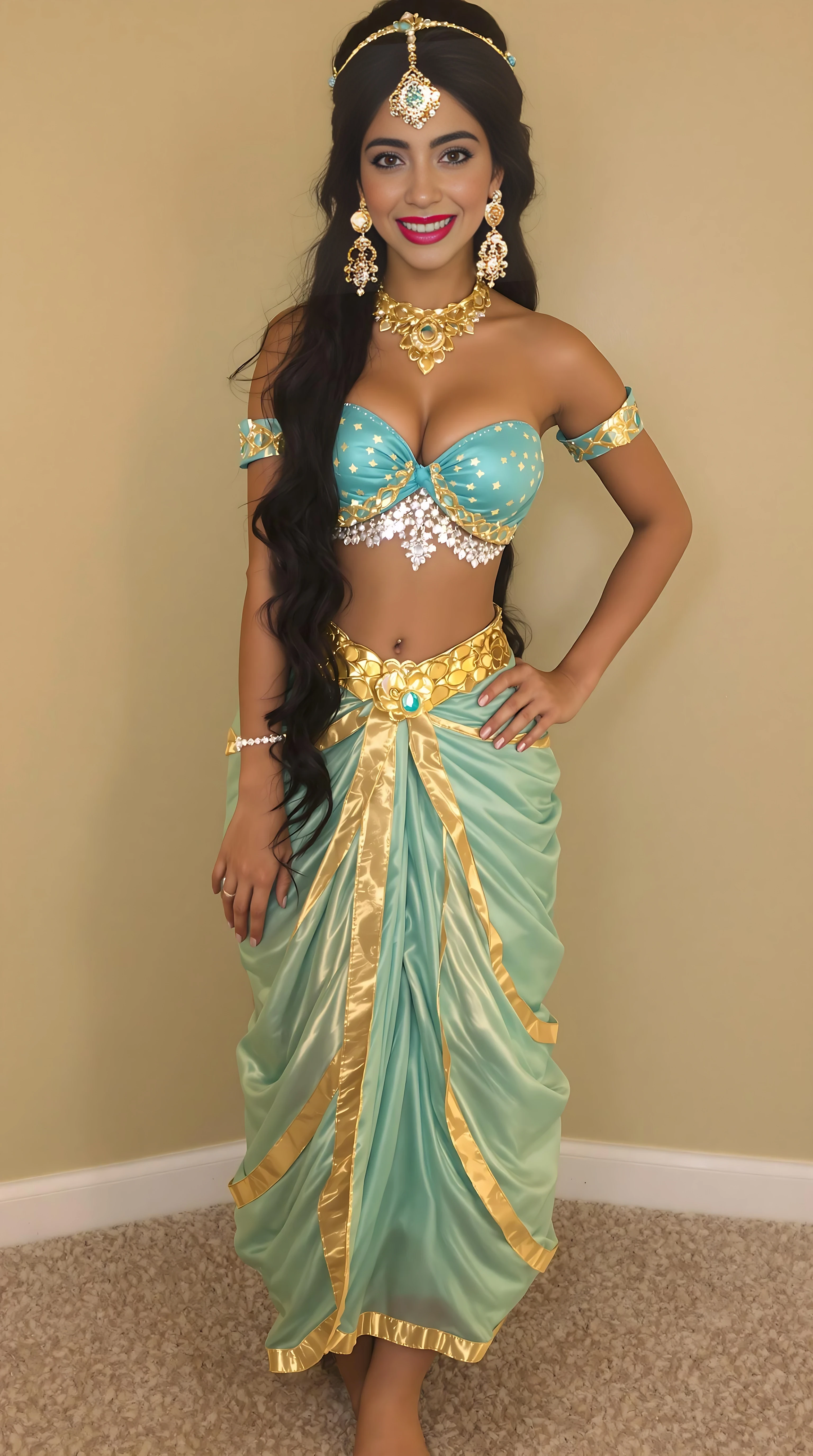 Short 5,2 height smooth tan complexion mexican latina girl wearing a Disney princess Jasmine costume and she looks sexy as fuck in it,