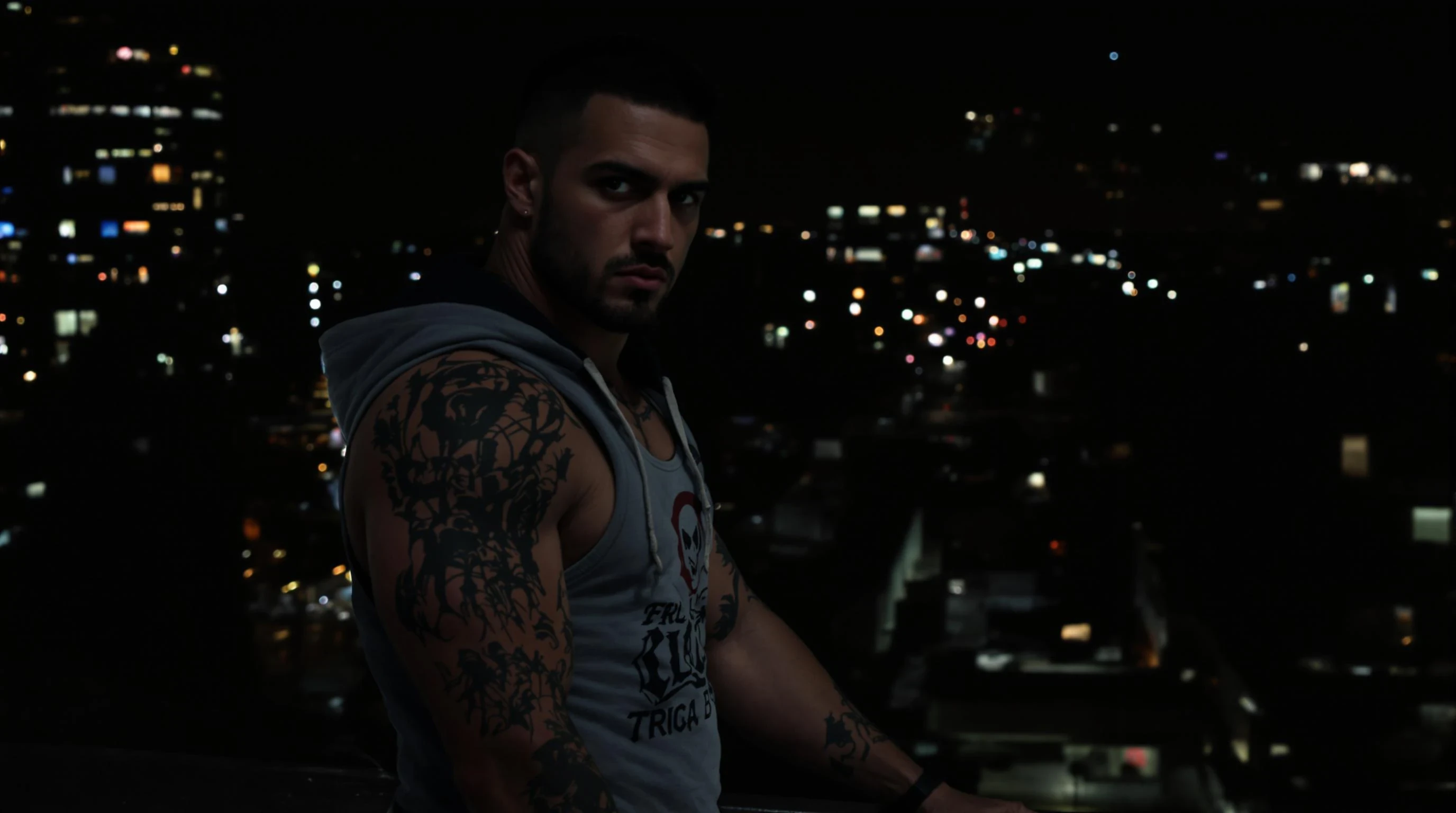 A realistic, high-resolution photograph of a muscular man with tattoos, wearing a tank top and hoodie, standing in an urban night setting. The man looks serious and focused, posing on the edge of an industrial rooftop or near a dimly lit alleyway. The city lights in the background create a moody, atmospheric vibe. The man is positioned on the left or right edge of the image to leave space in the center for logo and visualizer elements.


